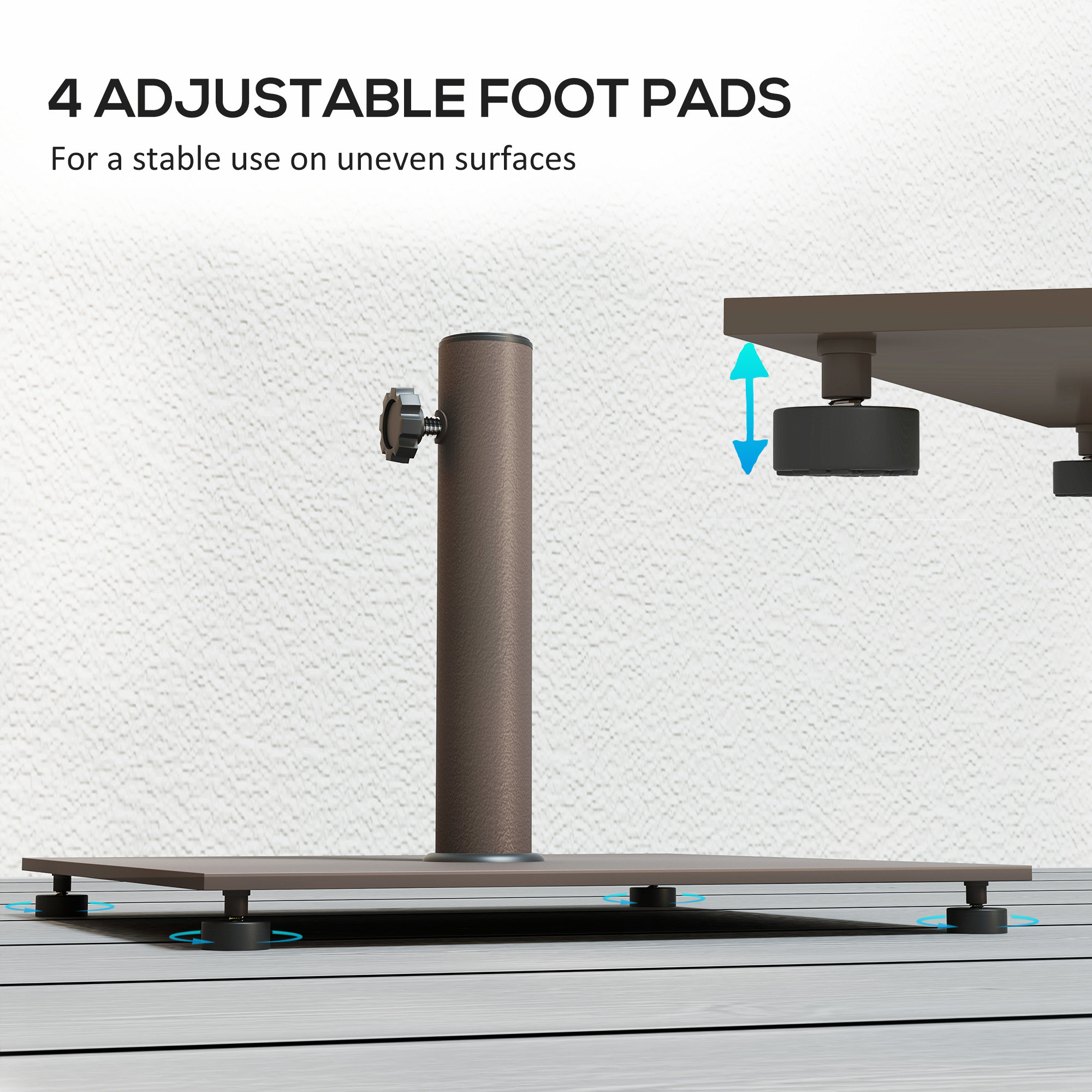 Square Patio Umbrella Base, 29 lbs Metal Umbrella Stand Base with Adjustable Foot Pads, Heavy Duty Patio Umbrella Holder for 1.5″/1.9″ Umbrella Poles for Outdoor, Lawn, Poolside, Brown