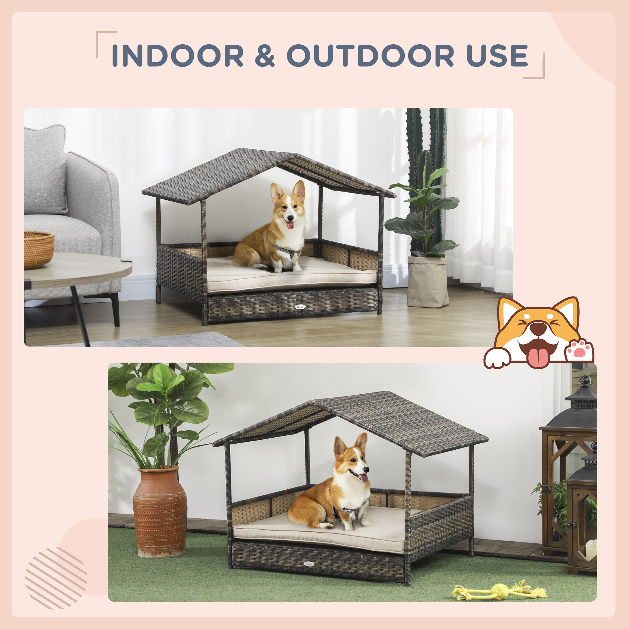  Wicker Dog House with Removable Cushion Lounge, Khaki