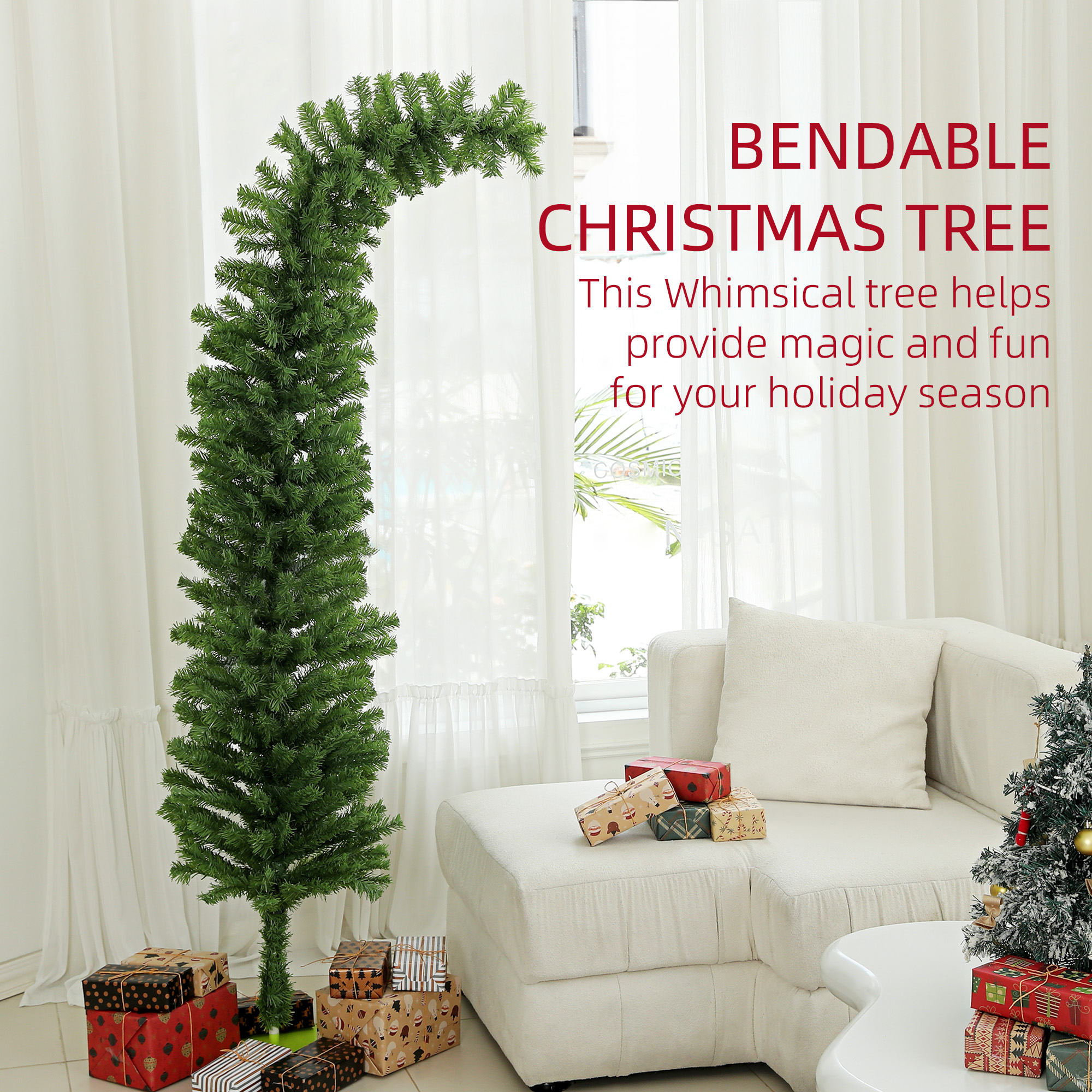  6ft Whimsical Pencil Christmas Tree, Bendable Artificial Christmas Tree with 400 Branch Tips and Metal Base, Green