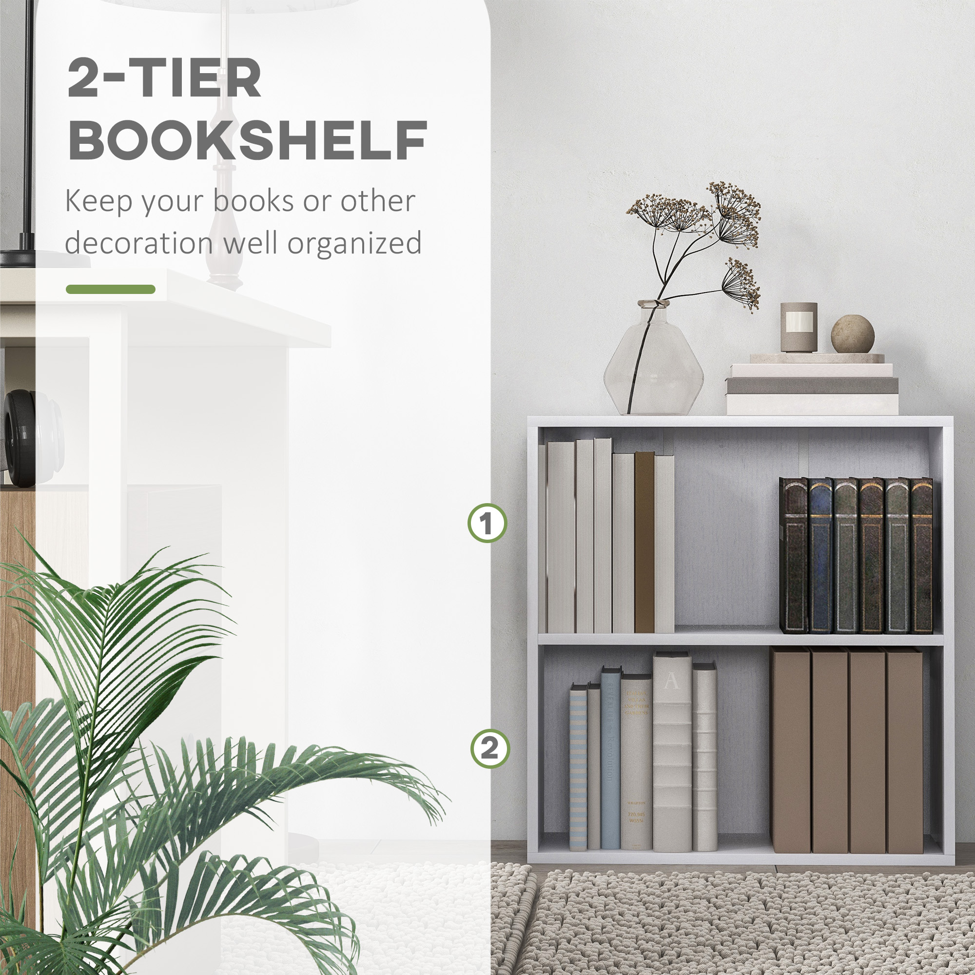 2 Tier Bookshelf, Low Bookcase With Adjustable Shelf, 2 Compartments For Home — image 4