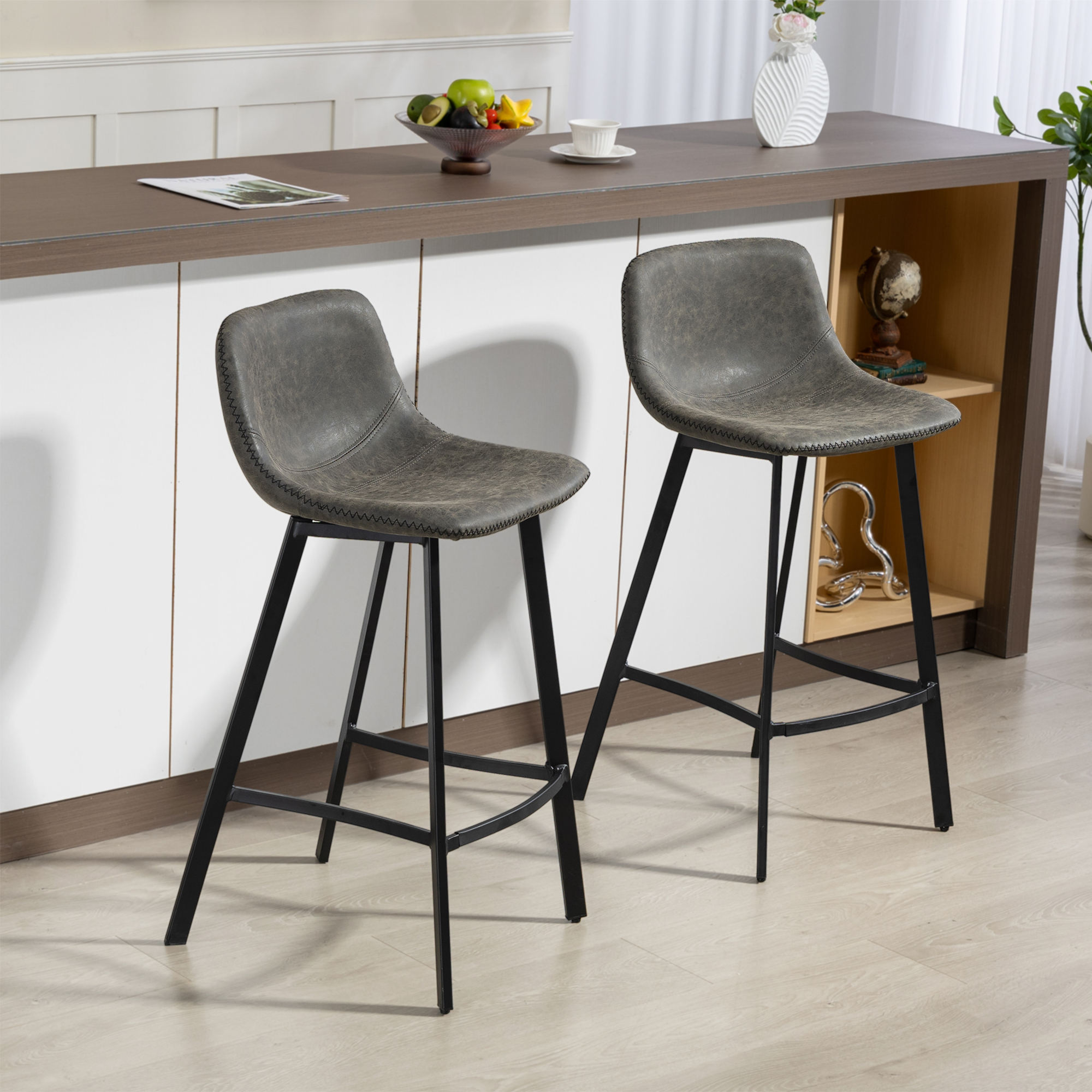 Bar Stools Set Of 2, PU Leather Dining With Backrest, Footrest, For Kitchen — image 3