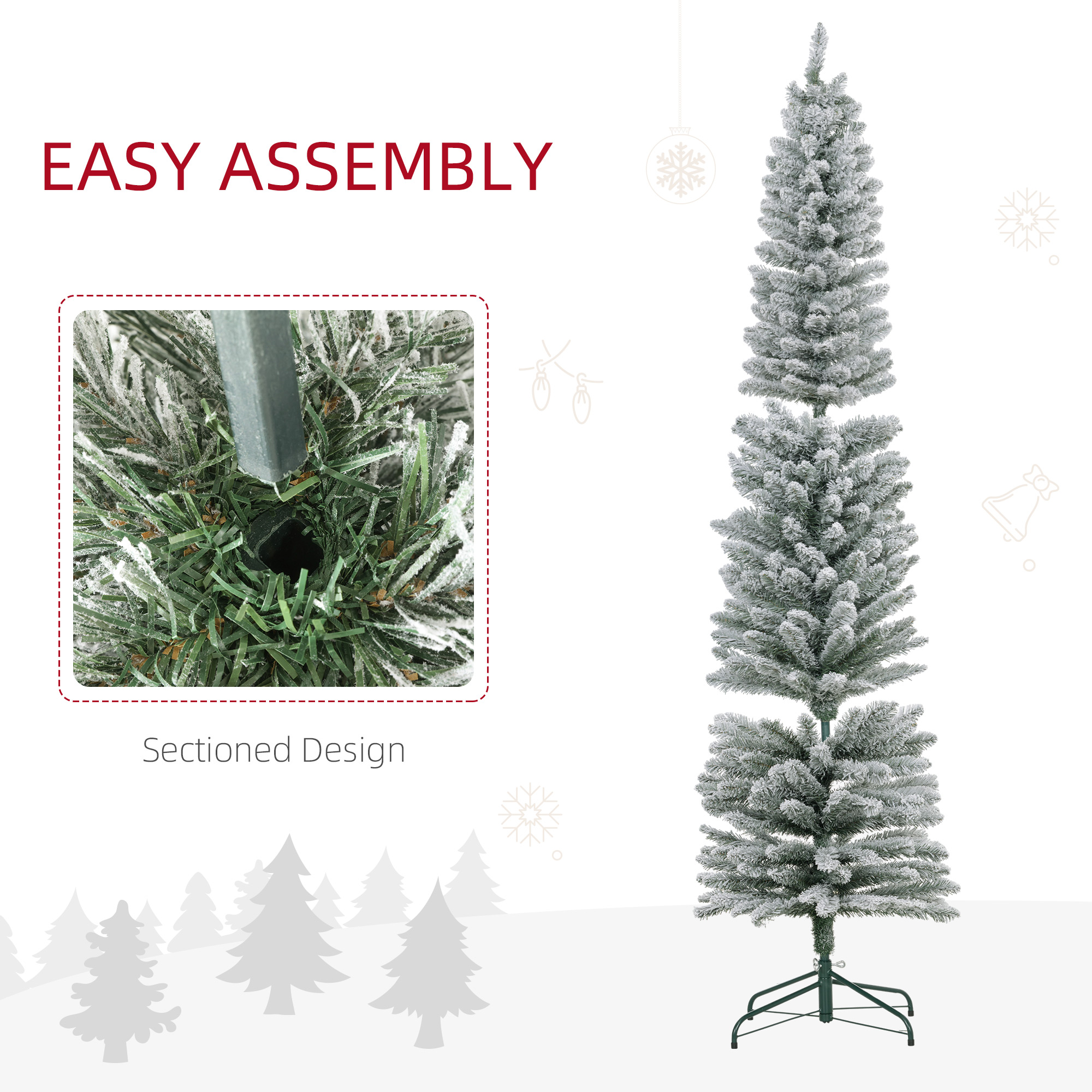 7ft Artificial Christmas Tree, Snow Flocked Branches, Metal Base, Pencil Xmas Tree image 5