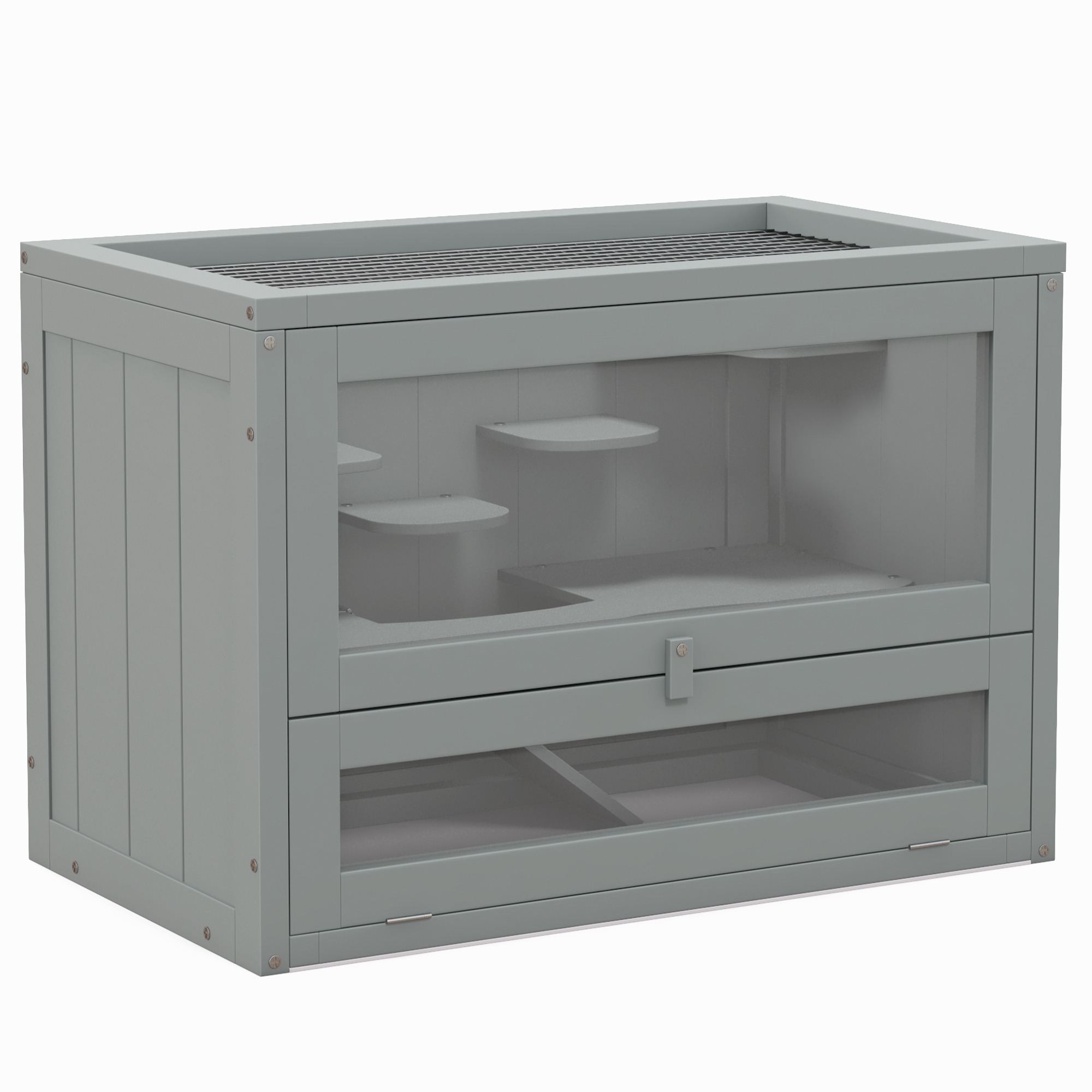 PawHut Wooden Hamster Cage Mouse Mice Rodent Small Animals Hutch Exercise Play House 60 X 35 X 42cm, Grey 2