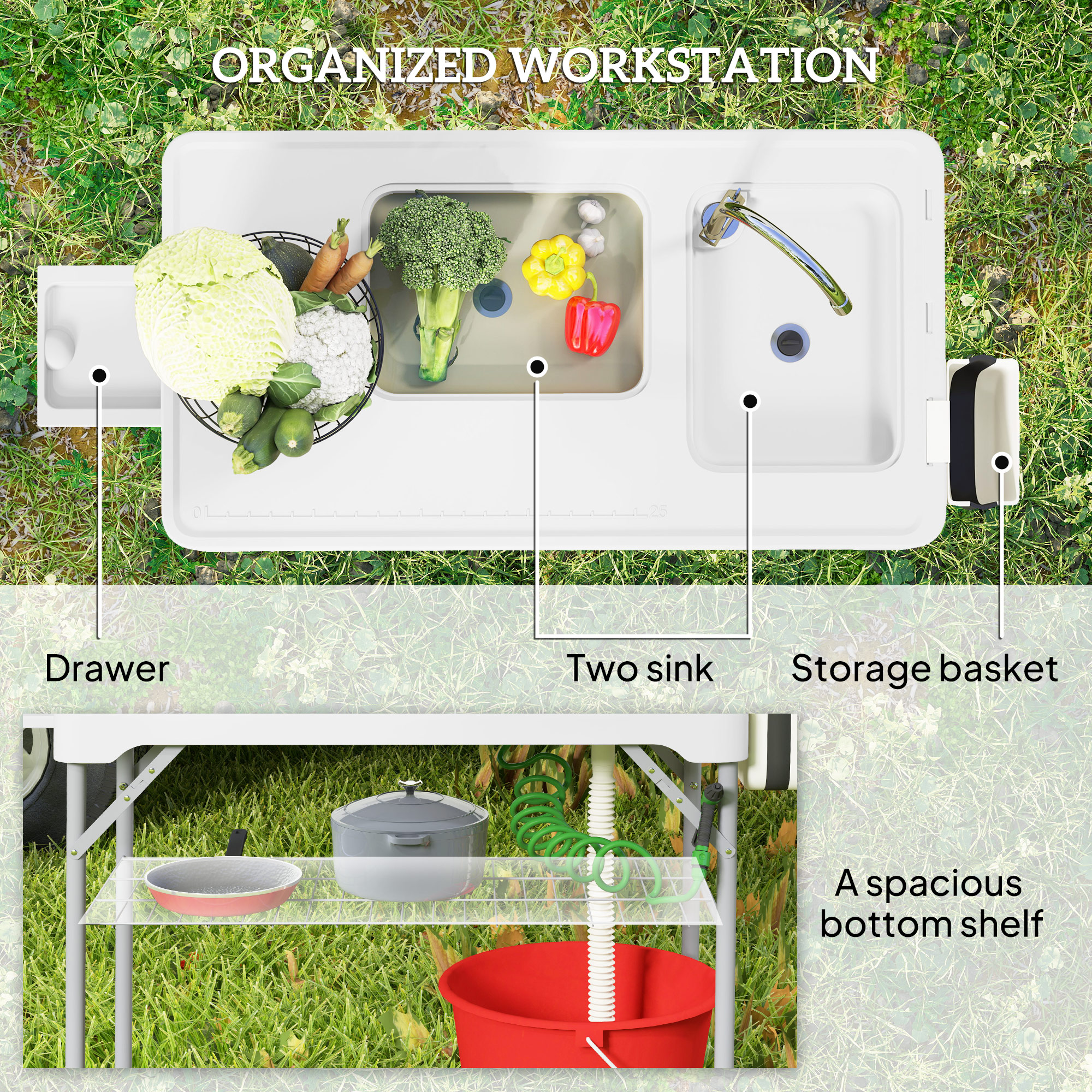 Folding Fish Cleaning Table with Sinks, Portable Camping Sink Table with Faucet, Drainage Hose, Sprayer, Shelf, Drawer and Storage Basket, Outdoor Fillet Table for Picnic Beach Patio, White