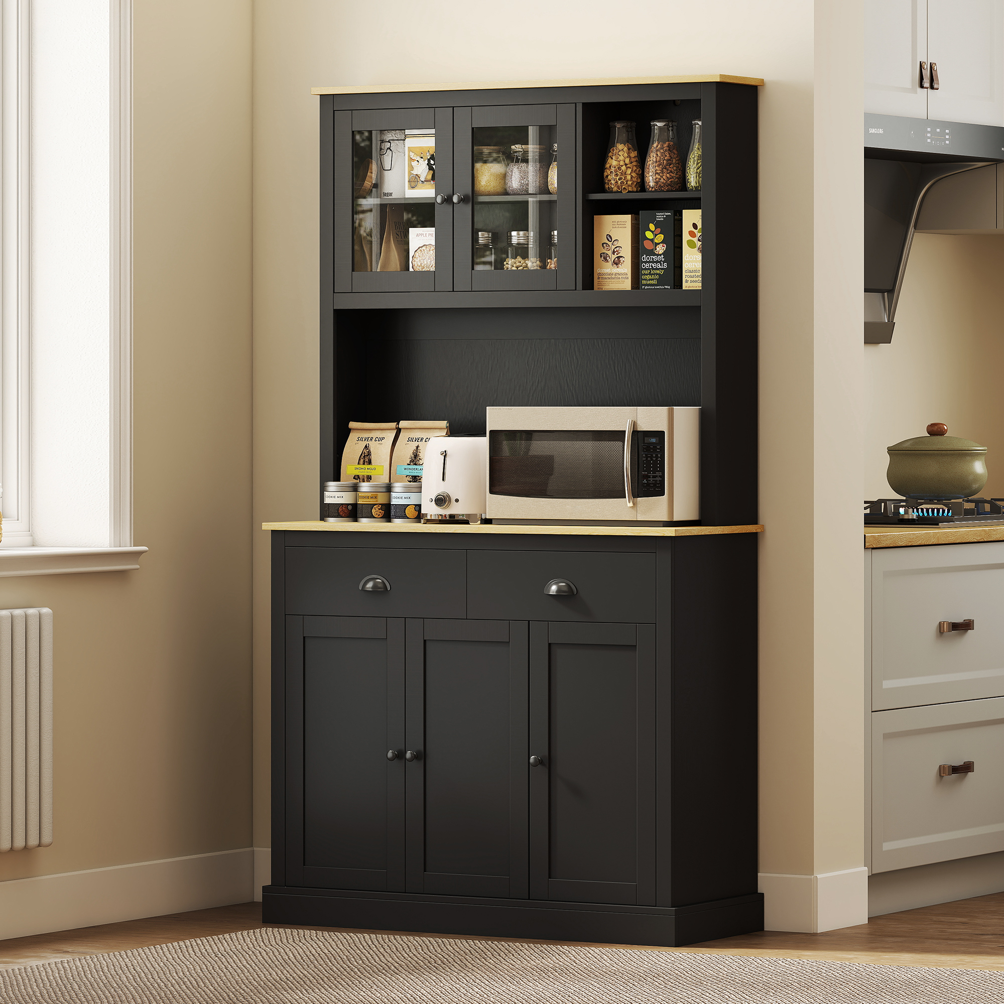 Freestanding Kitchen Cabinet, 71" Tall Pantry Cabinet, Modern Hutch with Wide Co