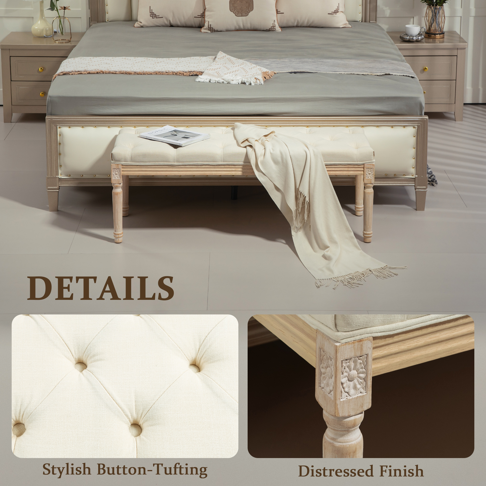 Vintage Wooden Bed End Bench - Cream White — image 5