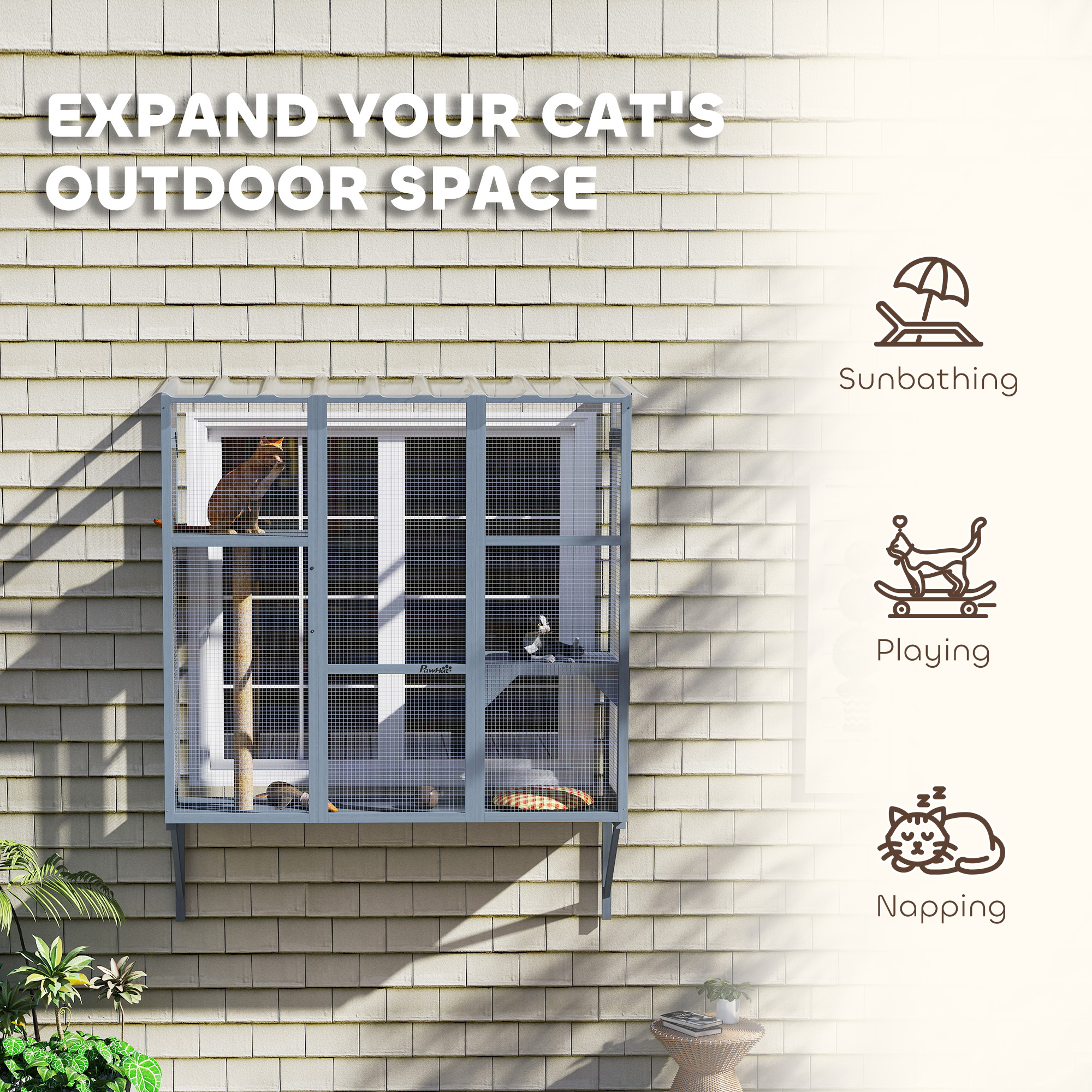  Catio Outdoor, Window Catio for 2-3 Large Indoor Cats w/ 2 Jumping Platforms, Scratching Post, for Playing, Napping