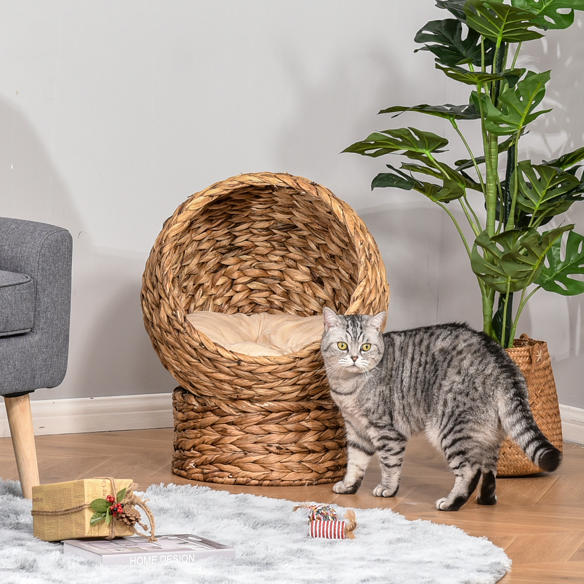  Handwoven Elevated Cat Bed with Soft Cushion & Egg Chair Shape, Basket Bed Kitty House with Stand, Raised Wicker House for Indoor Cats, 23.5" H, Light Brown