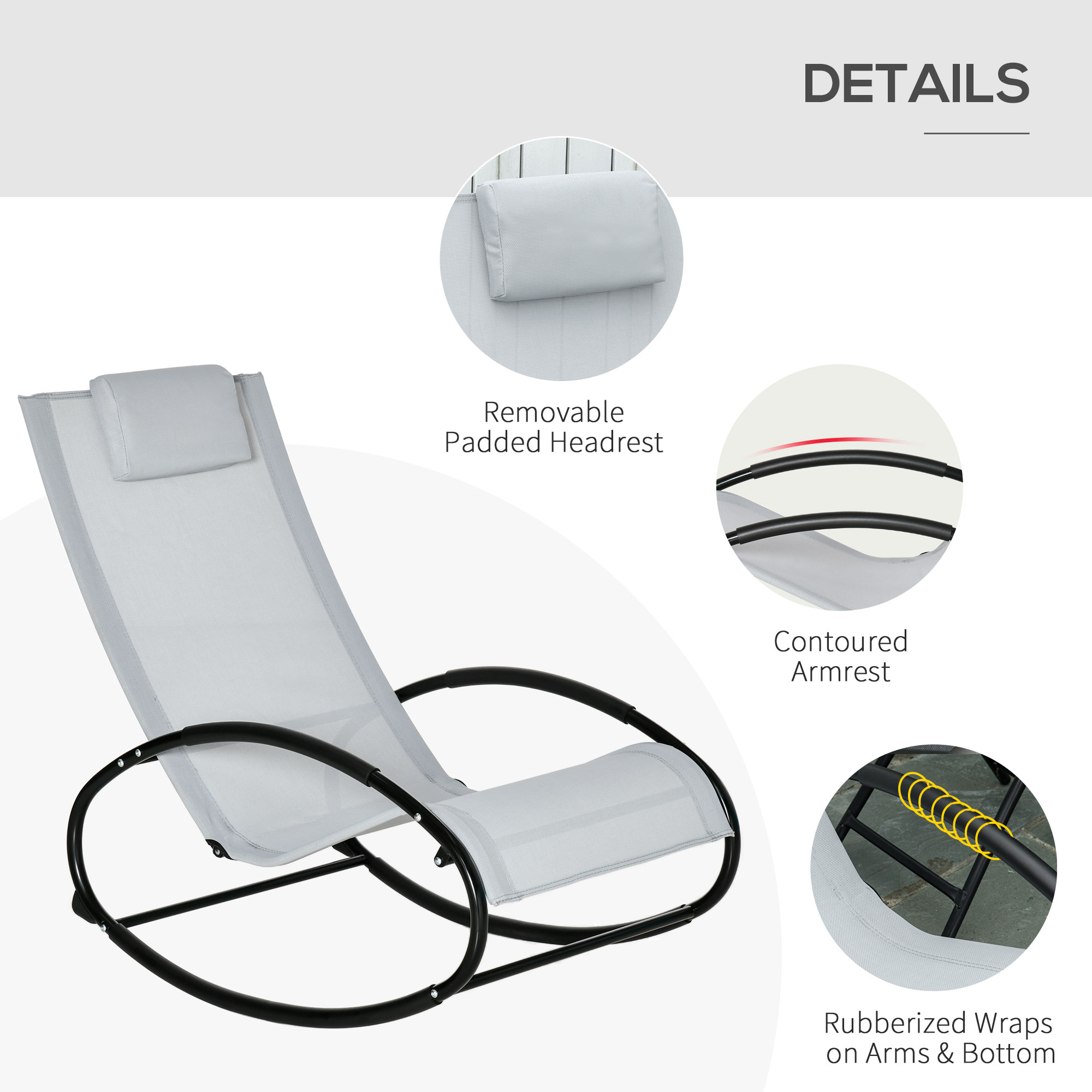  Pool Lounger, Outdoor Rocking Lounge Chair for Sunbathing, Pool, Beach, Porch with Pillow and Cool Mesh, Sun Tanning Rocker, Grey
