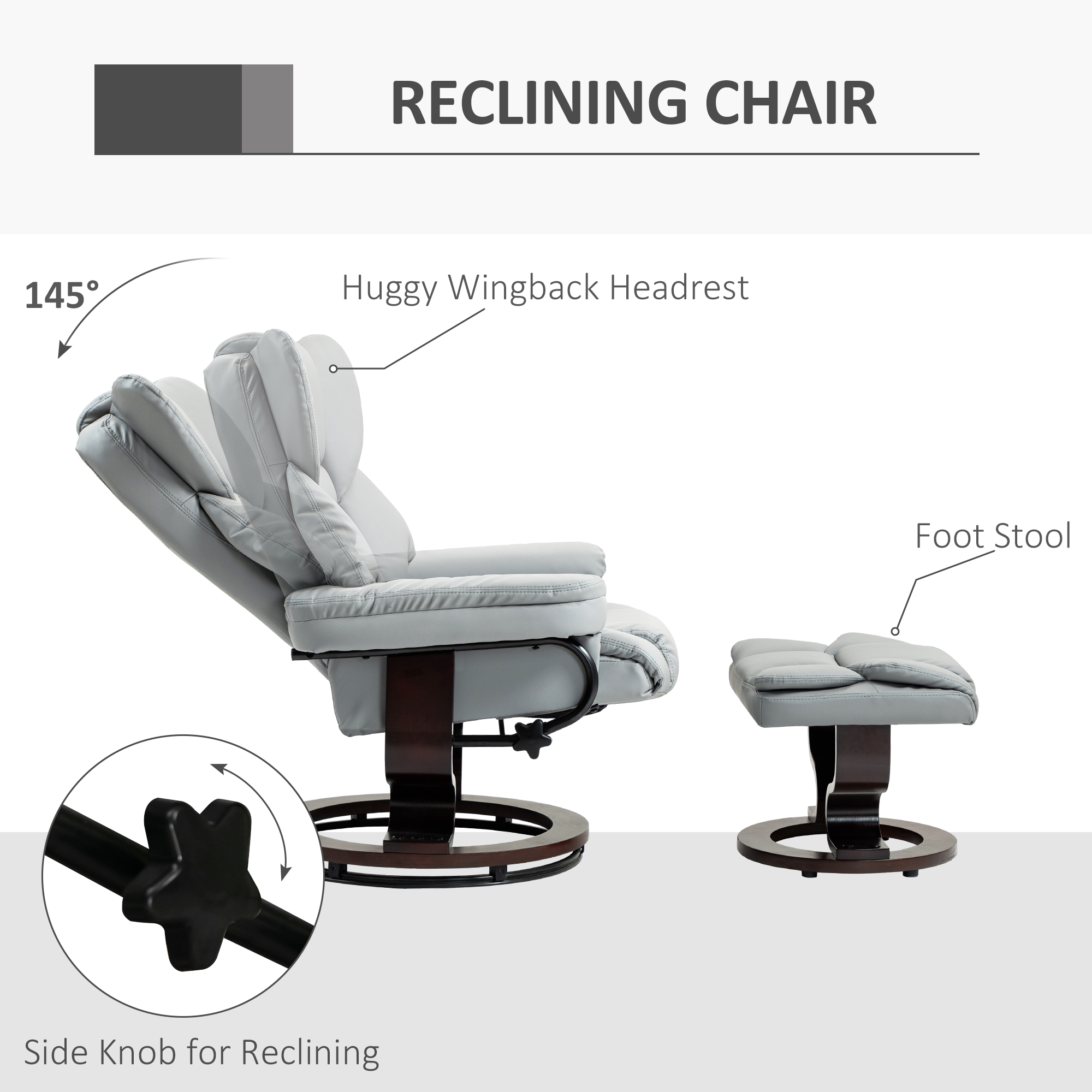 360Swivel Recliner Chair With Footstool, PU Leather Manual Armchair Solid Wood — image 3