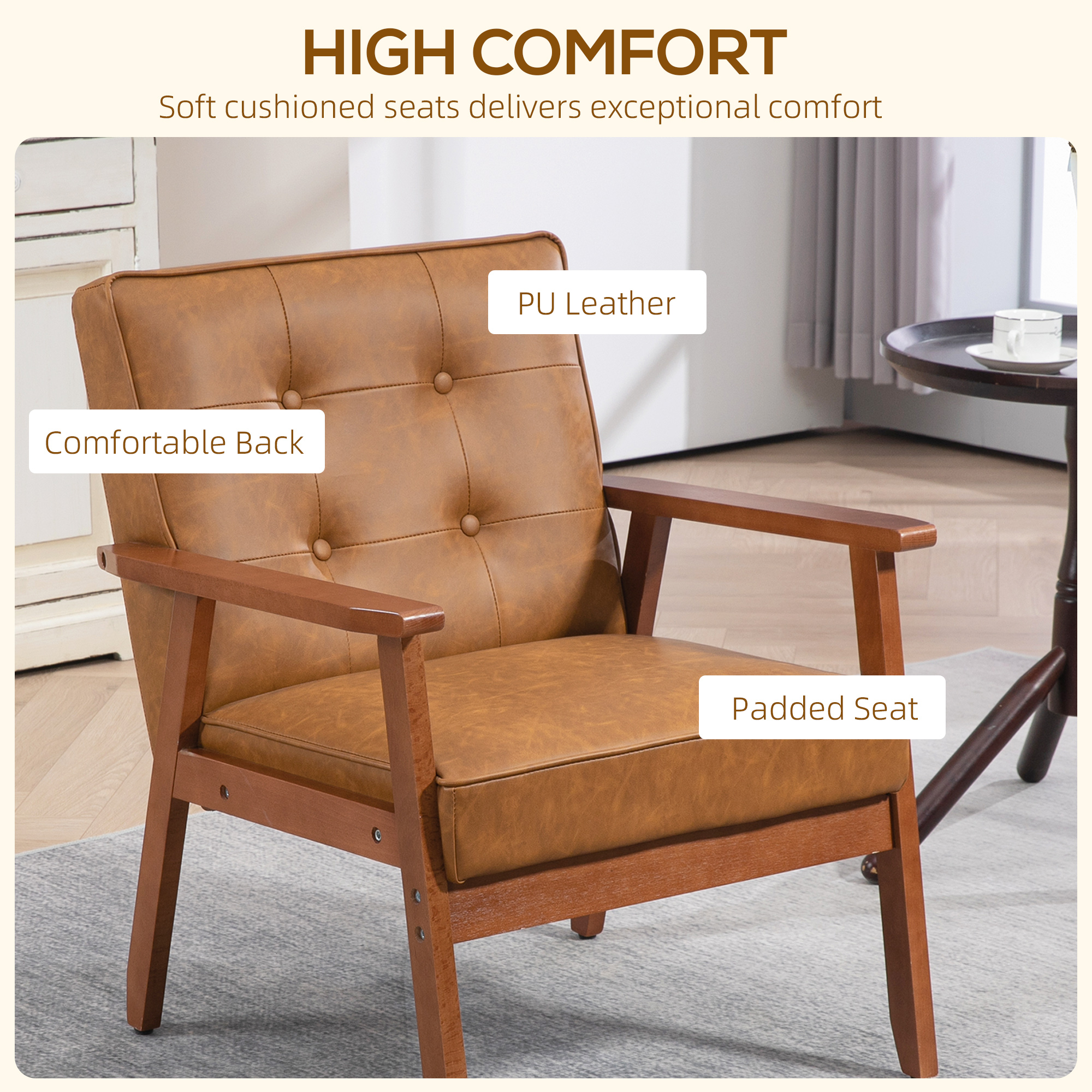 Retro-Style Accent Chair, With Faux Leather Seat - Brown — image 3