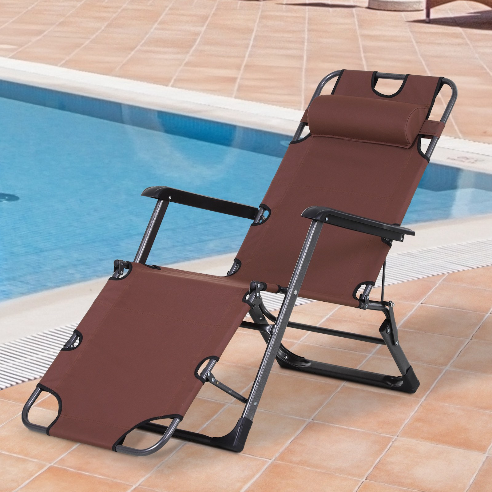 Oxford Fabric Metal Frame Outdoor Pool Sun Lounger Lounge Chair 120°/180°, Brown