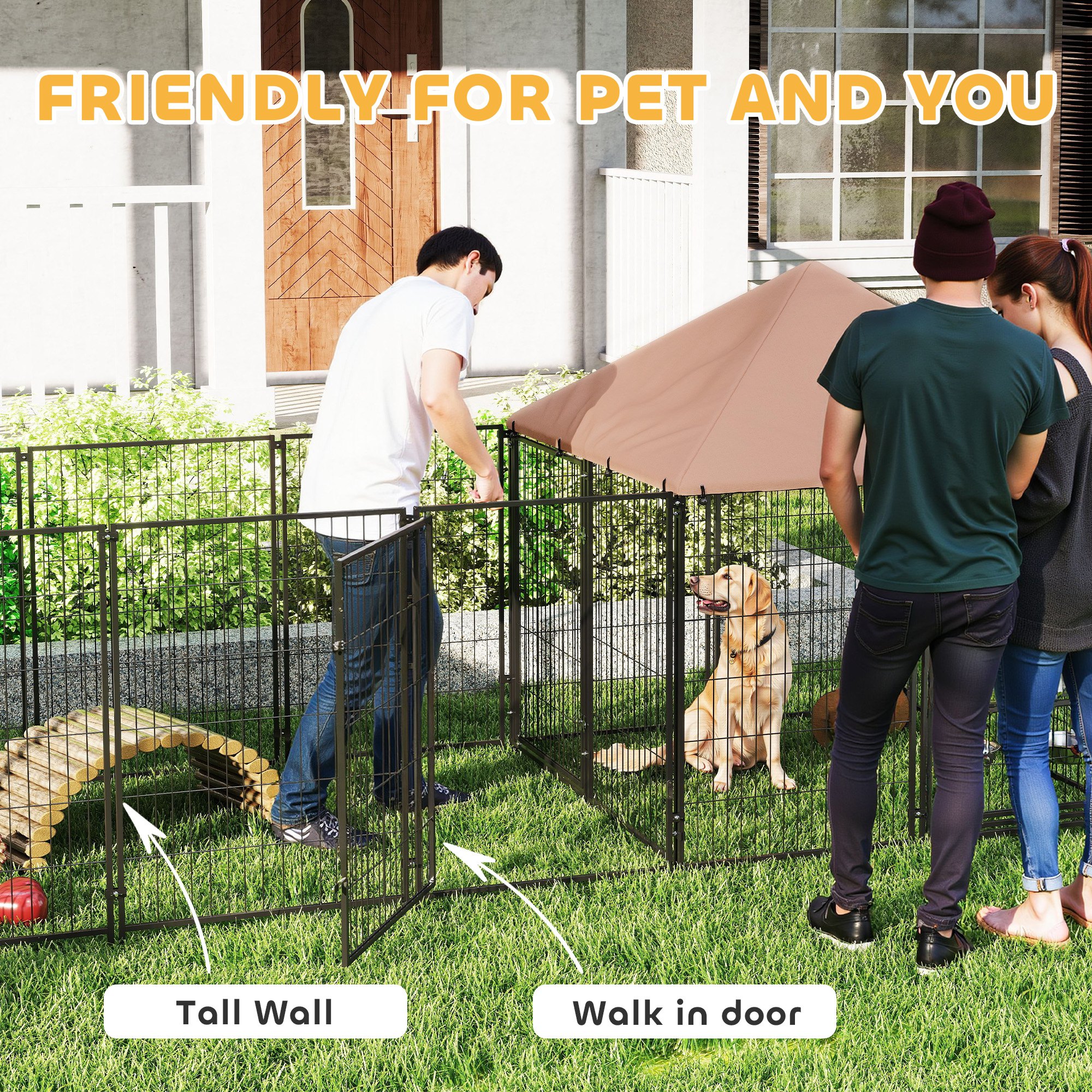  Large Outdoor Dog Kennel with Rotating & Adjustable Height Bowls, Waterproof & UV-Resistant Canopy, 11.3' x 4.7' x 5.1'