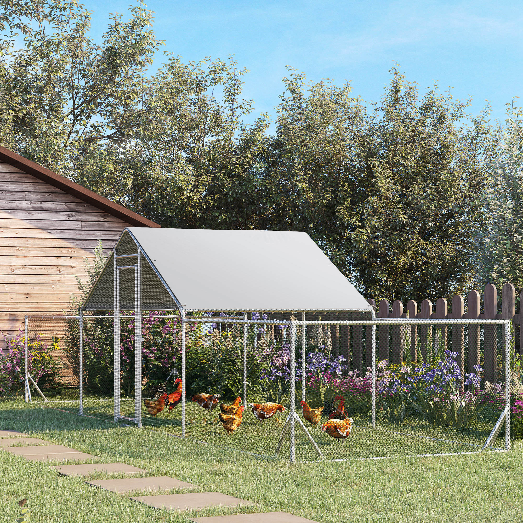 กรงไก่ขนาดใหญ่ 23' x 6.6' พร้อมหลังคากันฝน สำหรับเลี้ยงไก่ 12-14 ตัว สีเงิน - ปลอดภัย สบาย สไตล์ฟาร์ม