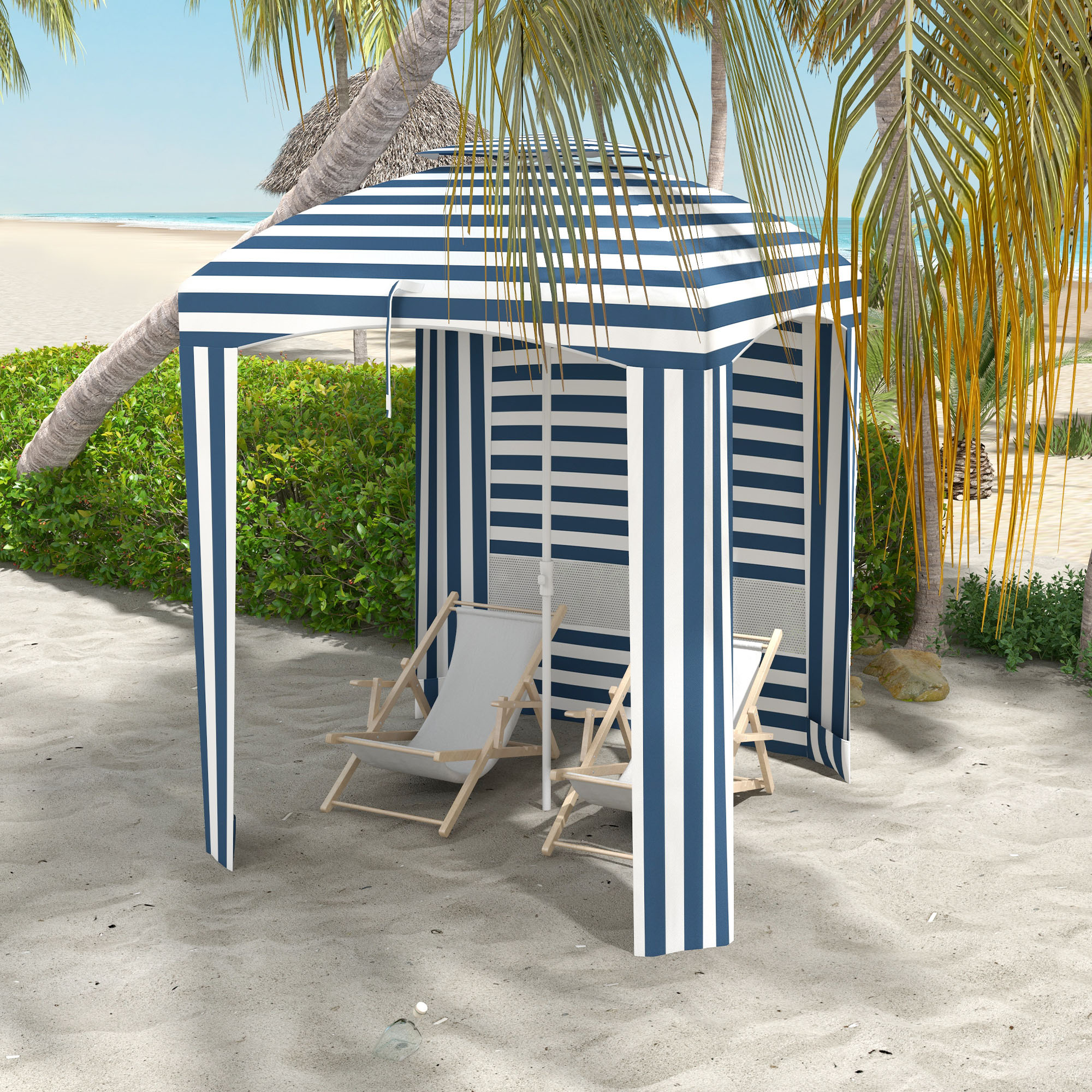 5.8′ x 5.8′ Cabana Umbrella for Travel, Walls, Vents, Ruffles, Carry Bag, Beach Umbrella, Blue & White Stripe