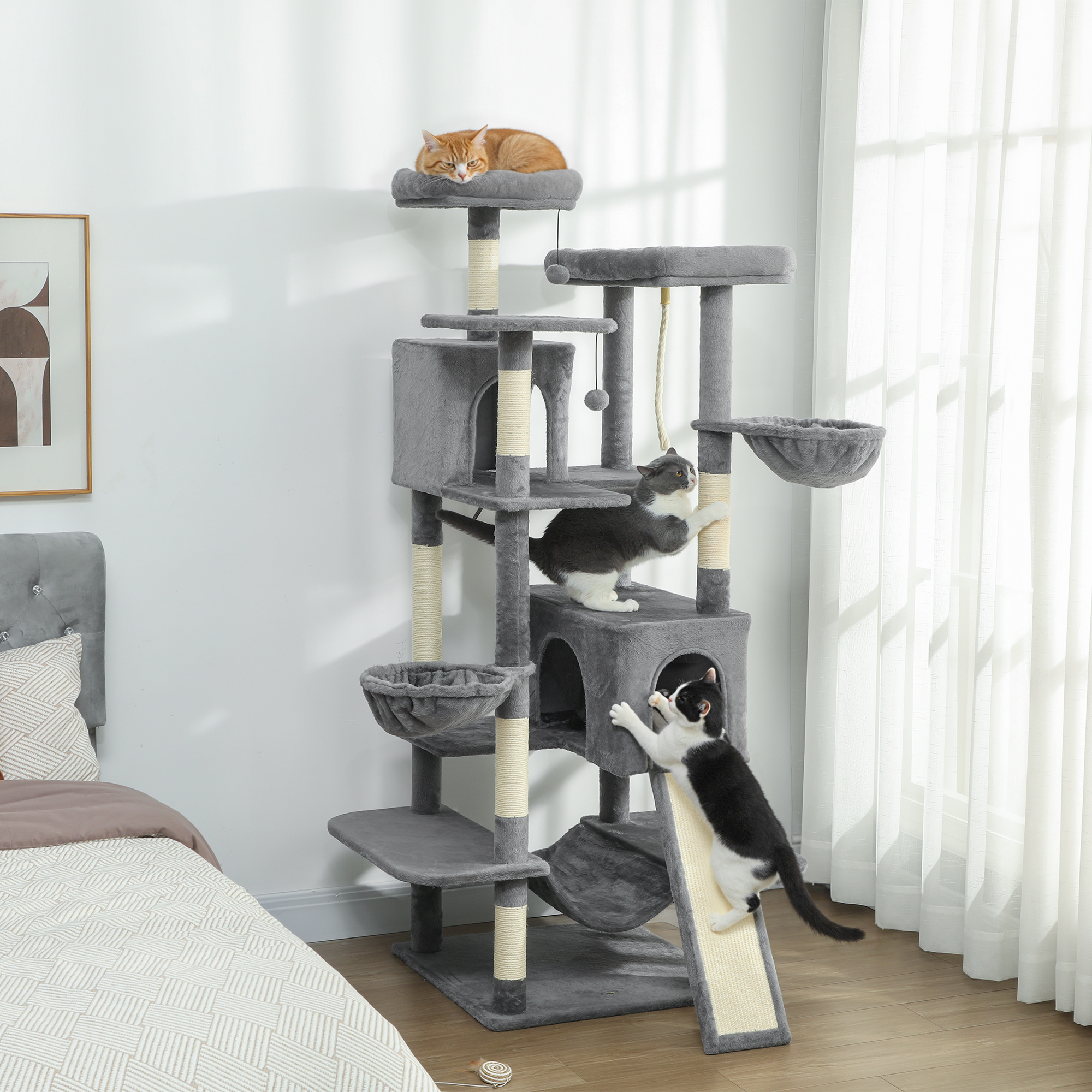  69" Cat Tree, Multi-Level Cat Tower with 2 Condos and 3 Hammocks, 8 Scratching Posts, for Multiple Cats, Dark Gray