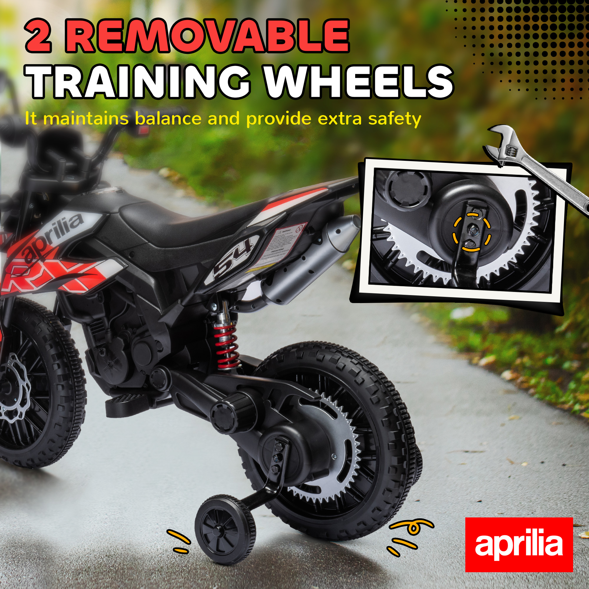 12V Aprilia Licensed Kids Motorbike With Training Wheels, Spring Suspension — image 4