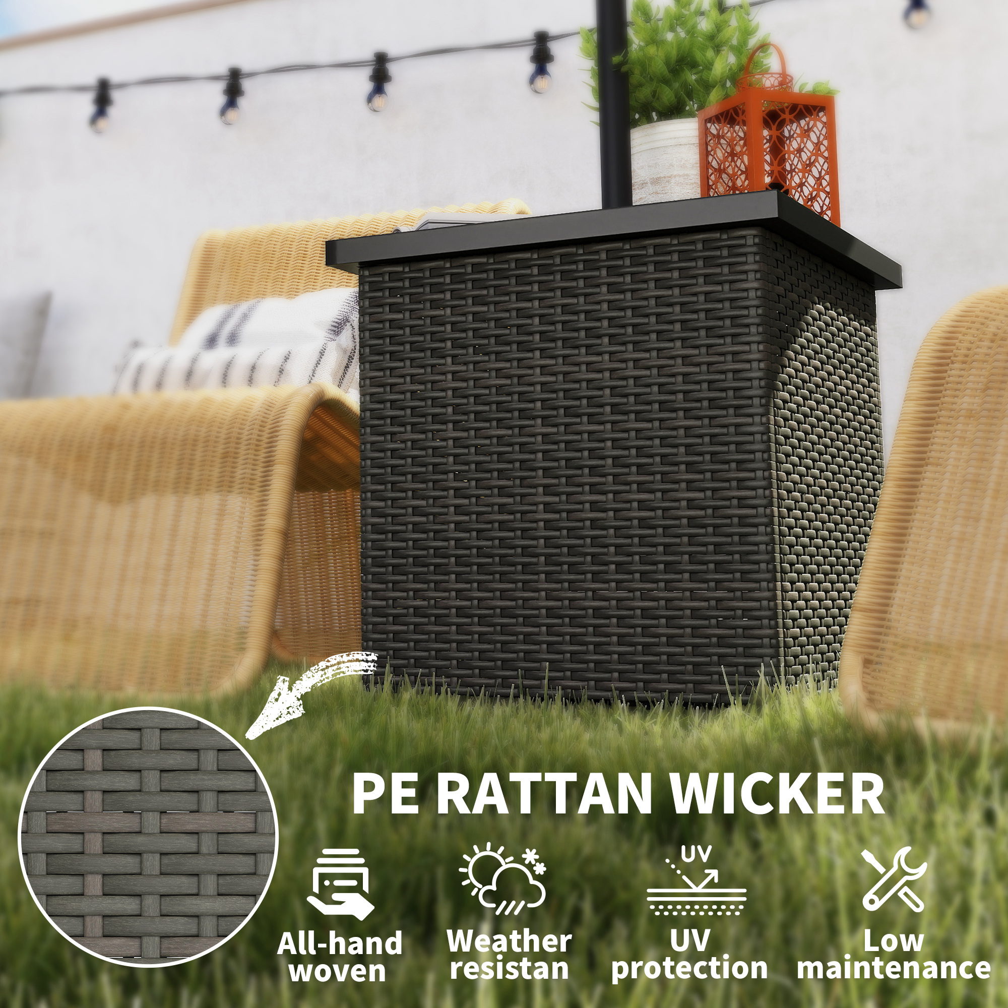  Wicker Side Table with 1.5" Umbrella Hole, Square Outdoor End Table with UV-Resistant Frame, Storage Space, Mixed-Brown