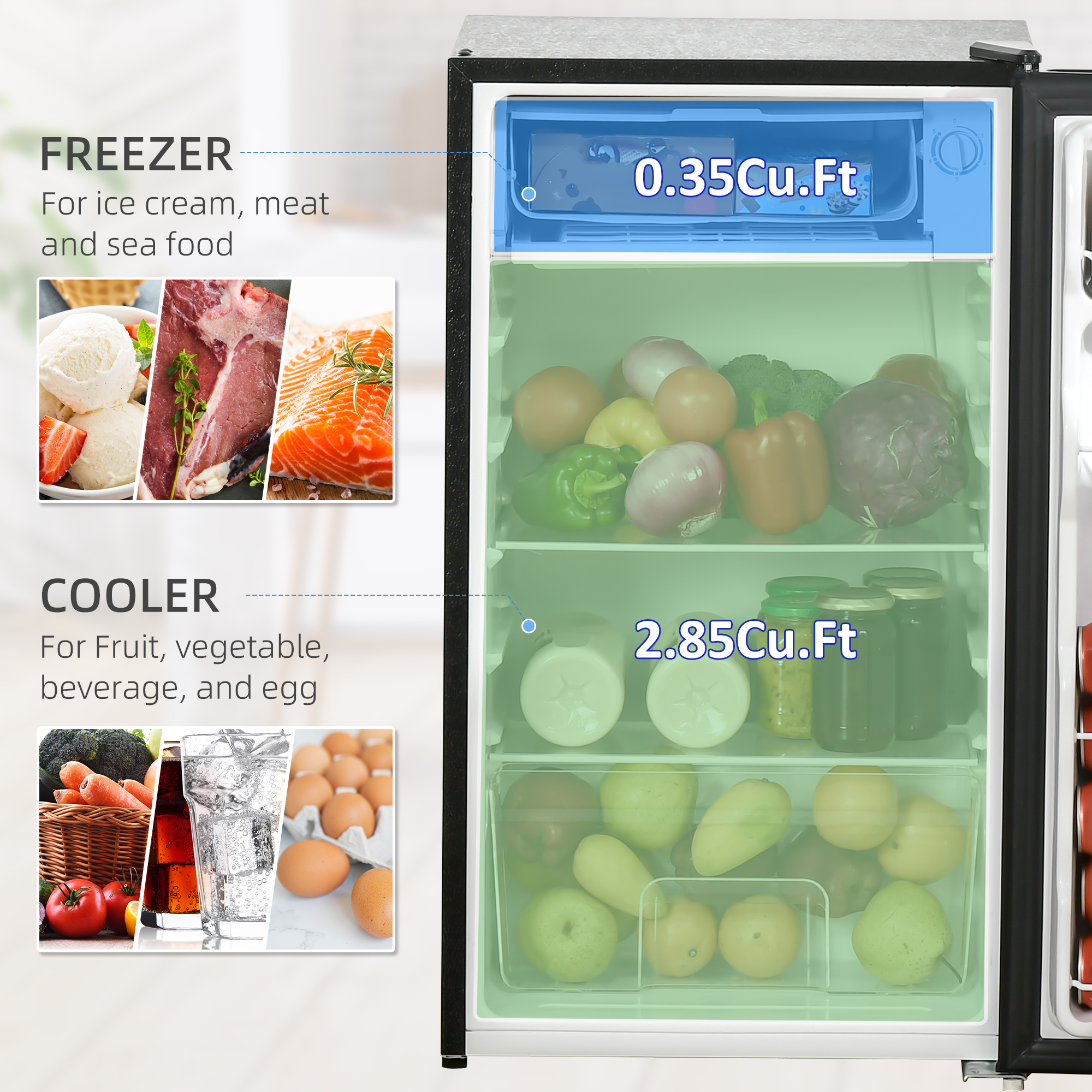  3.2 Cu.Ft Mini Fridge with Freezer, Single Door Compact Refrigerator with Adjustable Thermostat, Shelf and Reversible Door for Bedroom, Dorm, Home Office, Energy Efficient, Black