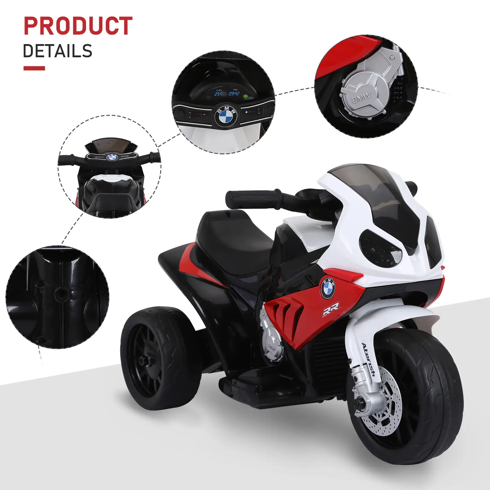 6V 3 Wheeled Electric Motorcycle, Kids Motorcycle Licensed BMW with Headlight, Music, Red