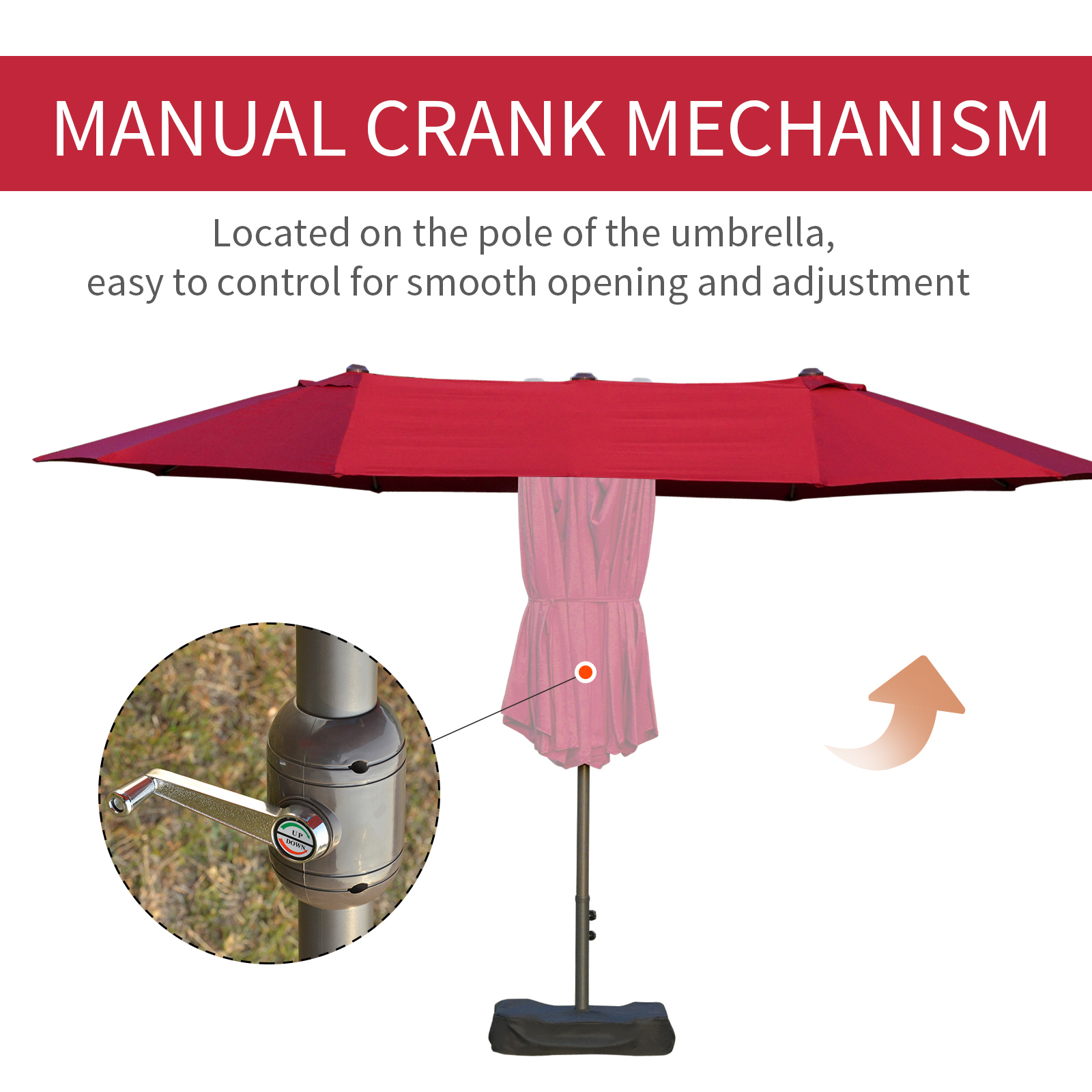 Patio Umbrella 15′ Steel Rectangular Outdoor Double Sided Market with base, UV Sun Protection & Easy Crank for Deck Pool Patio, Wine Red