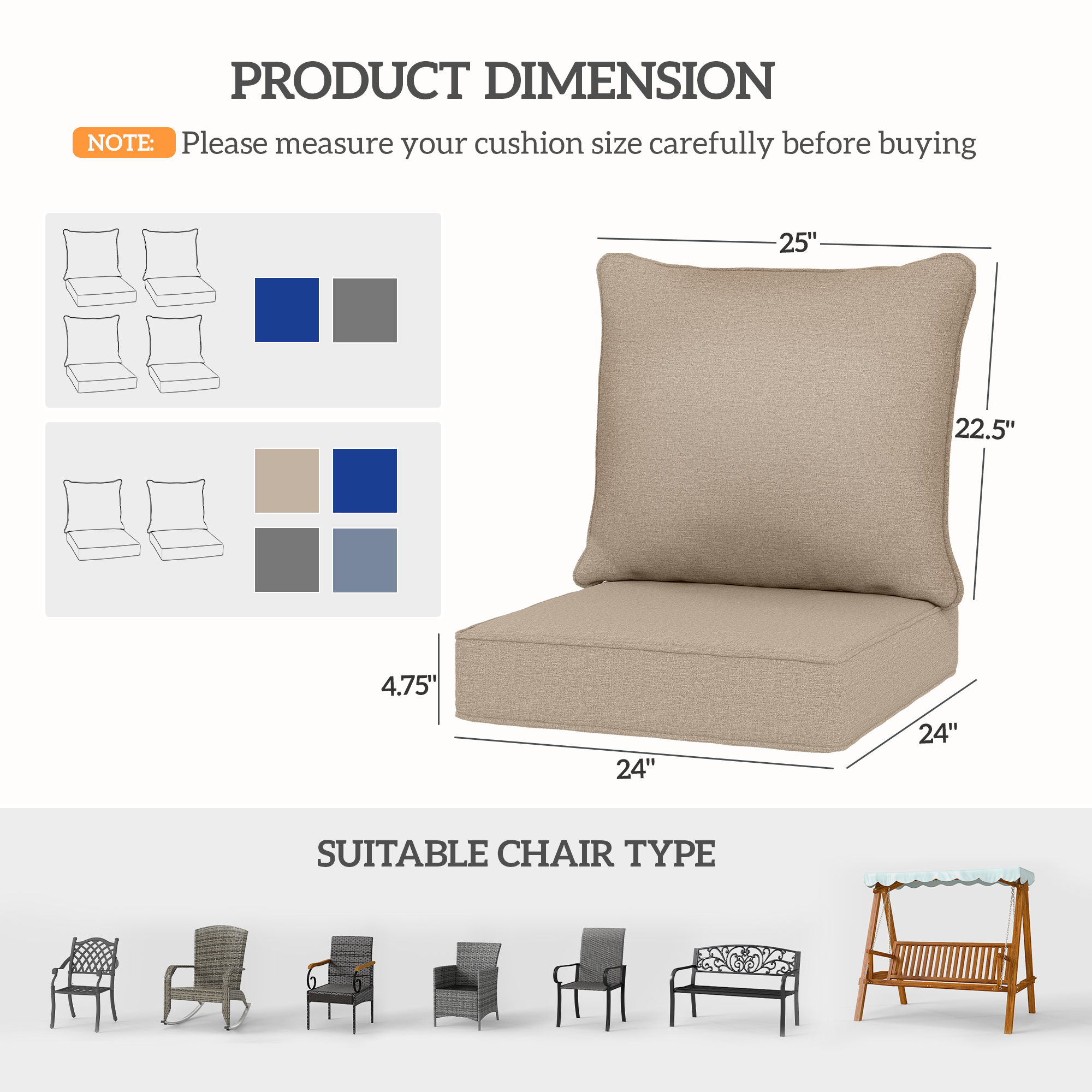 4 Patio Chair Cushions with Seat & Backrest, Fade Resistant Seat Replacement Cushion Set, Beige