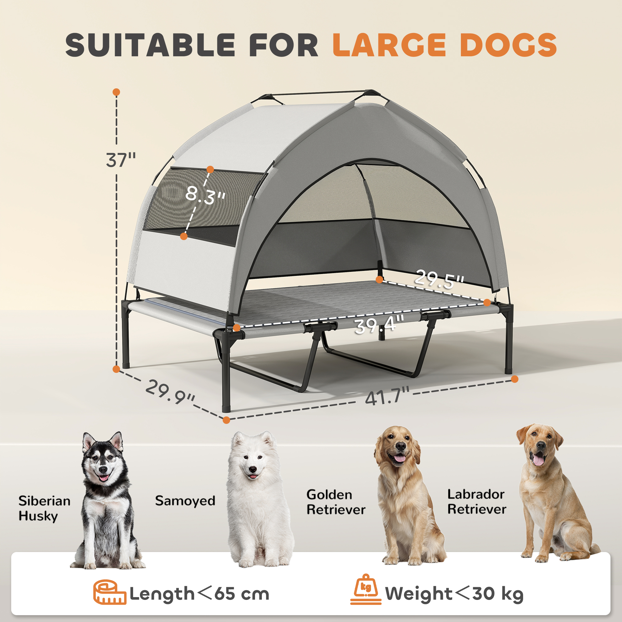  Elevated Dog Bed with Removable Canopy, Portable Outside Raised Pet Cot with Cooling Pad, Storage Bag, 42" x 30" x 37"