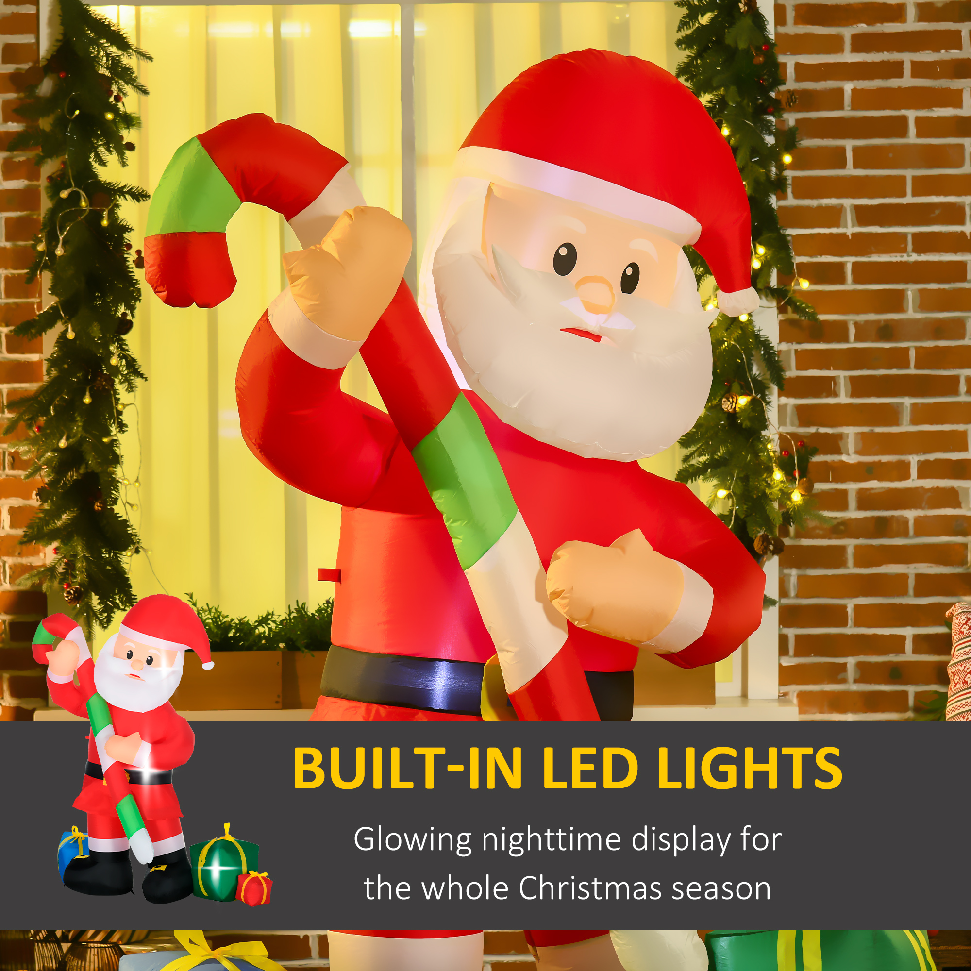  6ft Christmas Inflatables Outdoor Decorationss Decorations Santa Claus with Candy Cane, Blow-Up LED Yard Christmas Decor