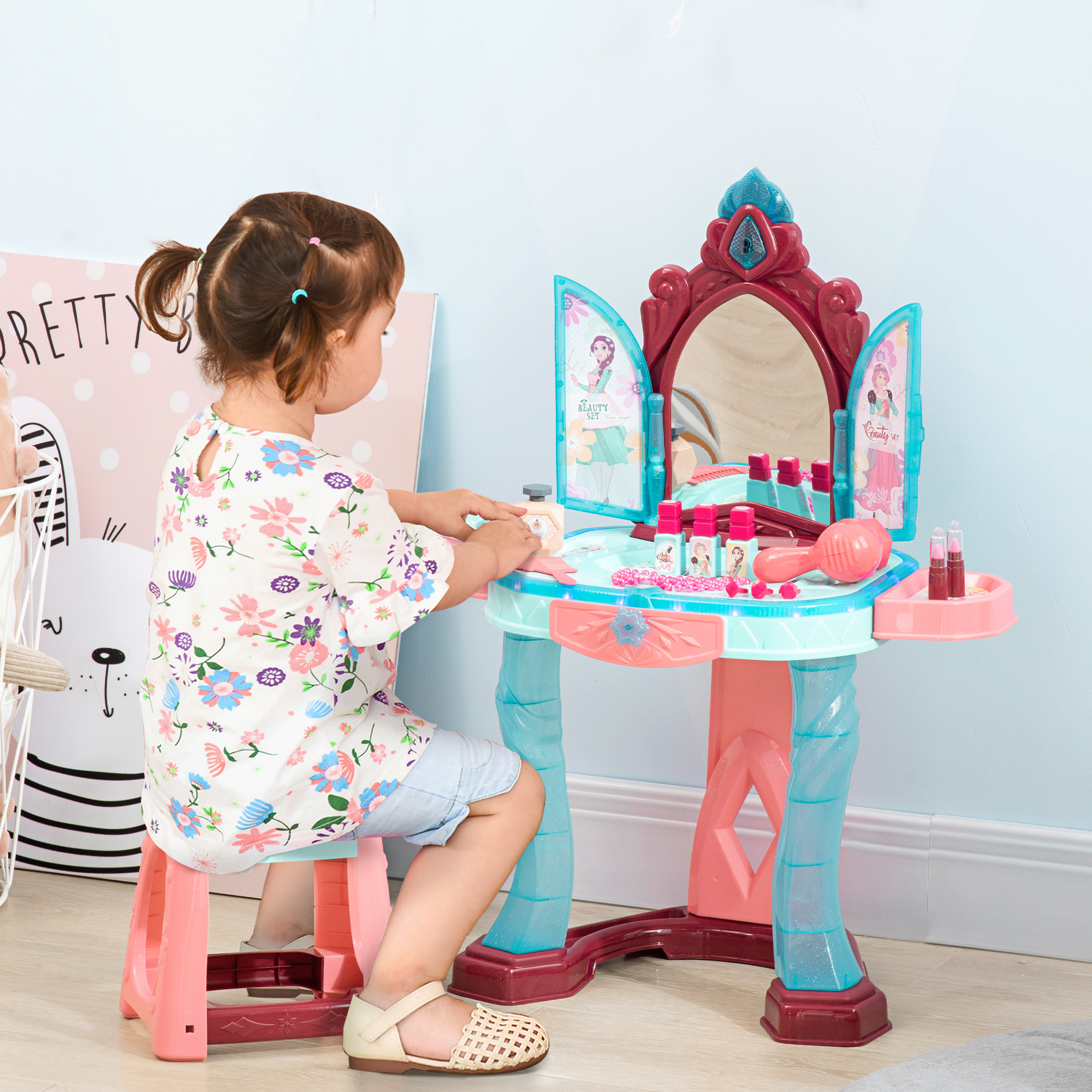 Kids Vanity Set with Self-Opening Magic Mirror, Princess Makeup Vanity Table Set with Music, Tabletop with Lights, Imaginative Toy for 3-6 Years Old Child