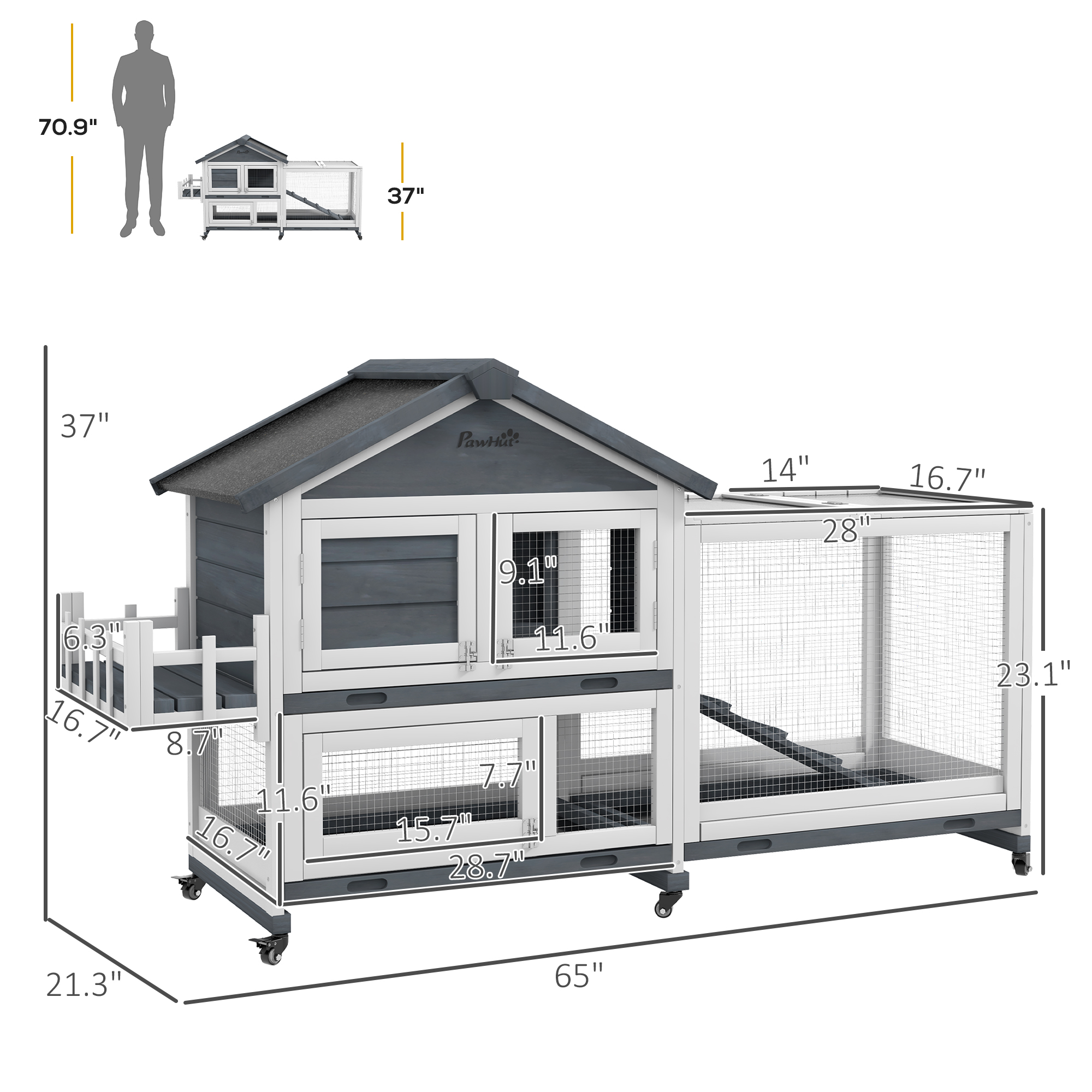  65" Wooden Rabbit Hutch, Pet Playpen with Openable Roof & Storage Box for Rabbits and Small Animals, Gray