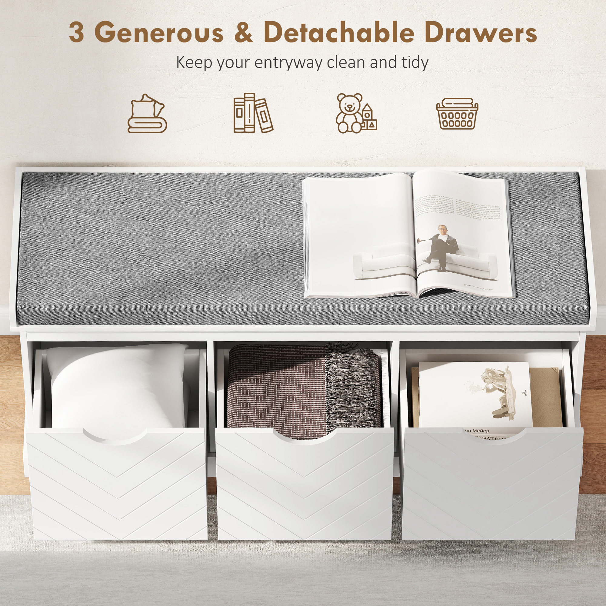 Three-Drawer Shoe Bench, With Seat - White — image 2