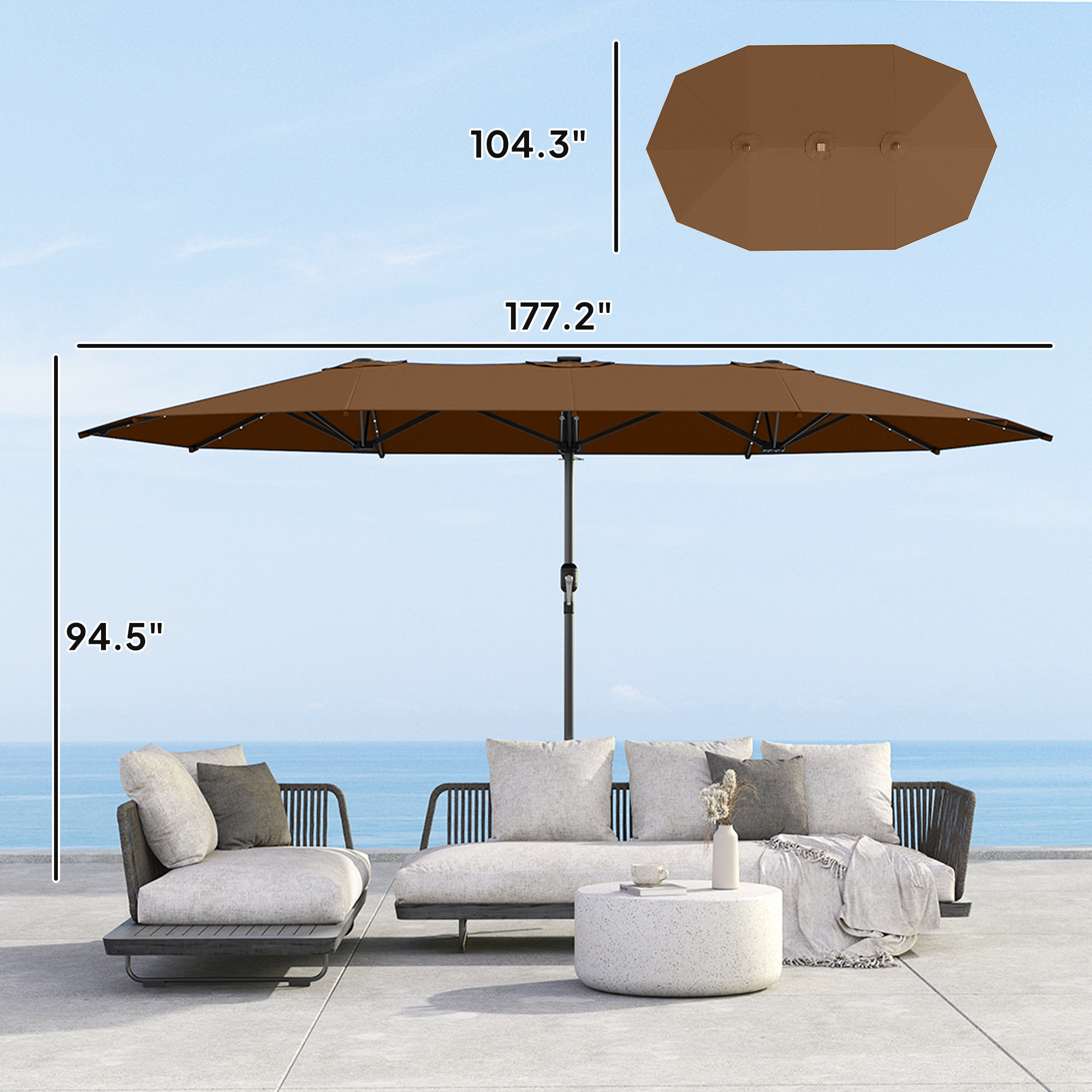 Garden Parasol, Double-Sided Sun Umbrella with LED Solar Lights, Patio Parasol for Outdoor, Coffee - 3