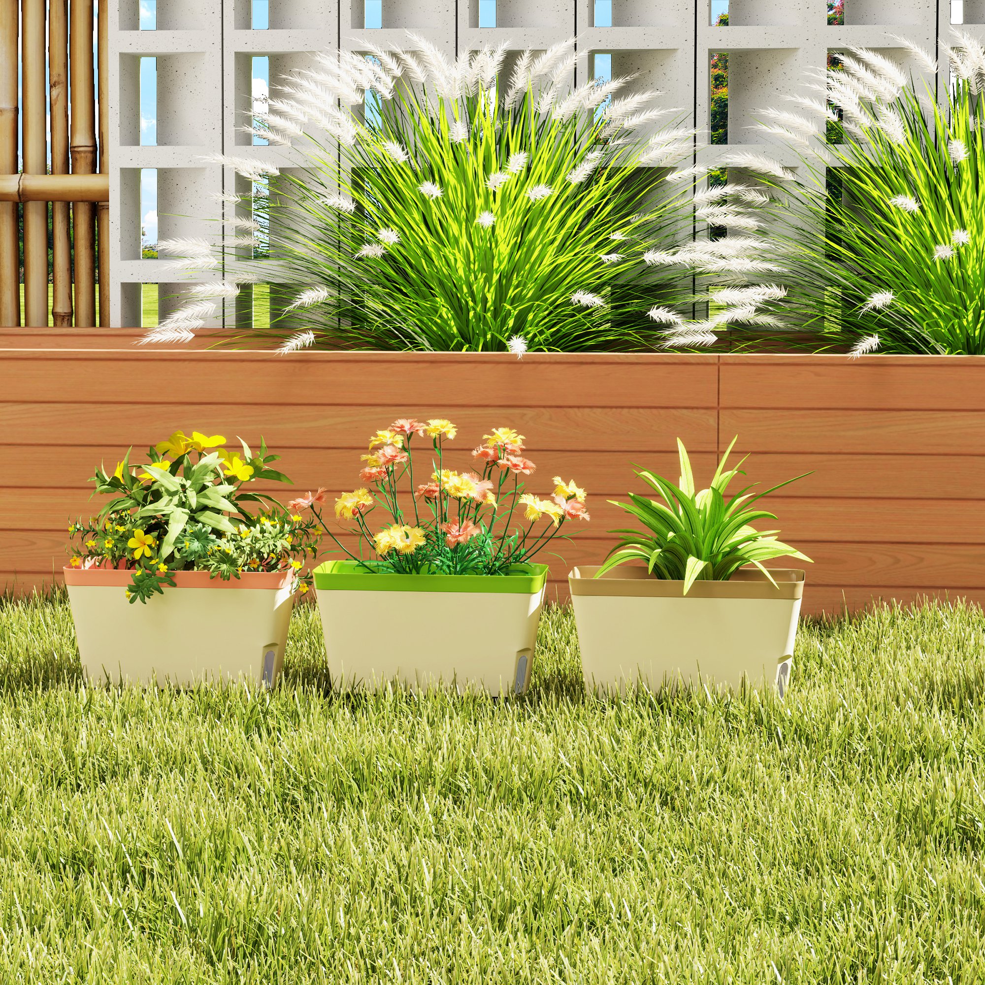 Rectangular self-watering planters displayed on a balcony with flowering plants