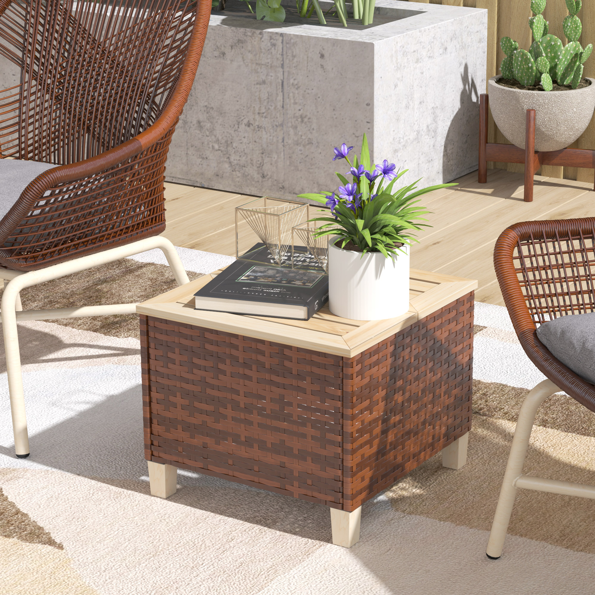 Outdoor Side Table with PE Rattan, Patio End Table with Natural Fir Wood Tabletop and Legs, Weather Resistant Accent Table for Patio Pool Porch, Brown