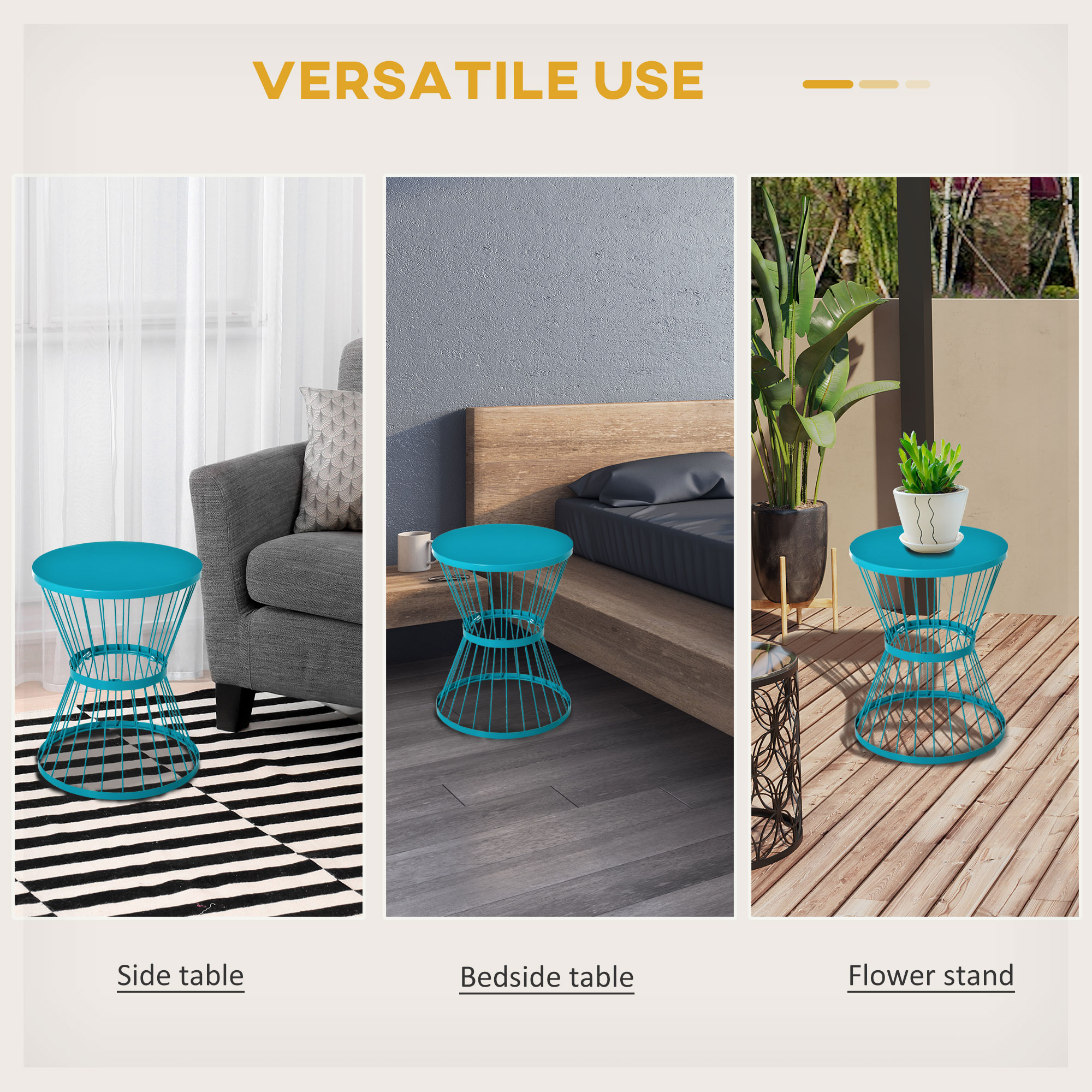 16″ Steel Patio Side Table, Garden End Table with Hourglass Design, Accent Table for Outdoor and Indoor Use, Blue