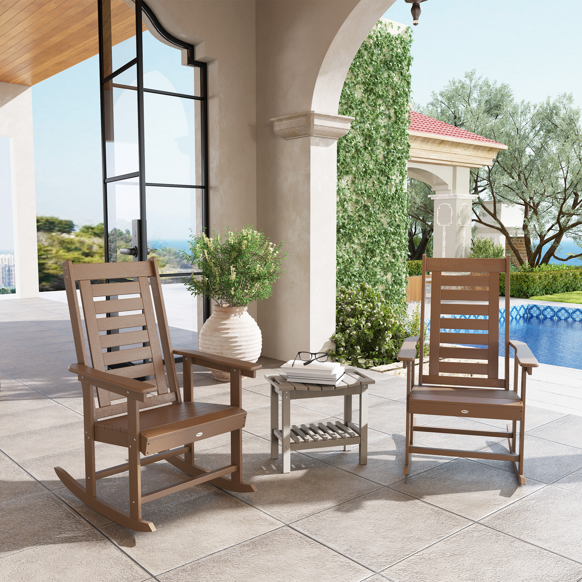 2 Pieces Outdoor Rocking Chairs, HDPE Patio Rockers with 28″ High Back, Wide Armrests for Porch Backyard, Brown
