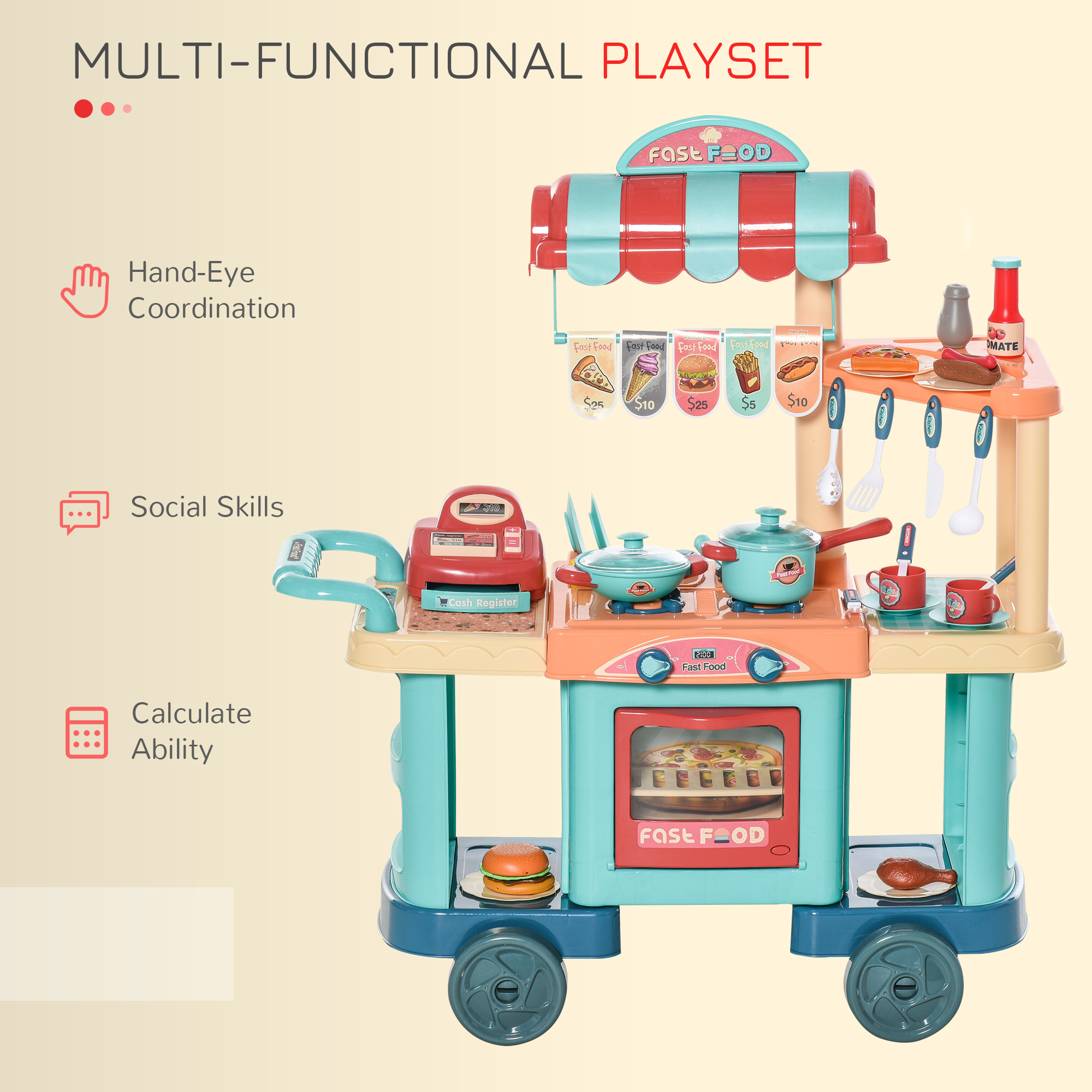 Kids Kitchen Food Stand with Play Food, Cashier Register, Accessories Ages 3-6