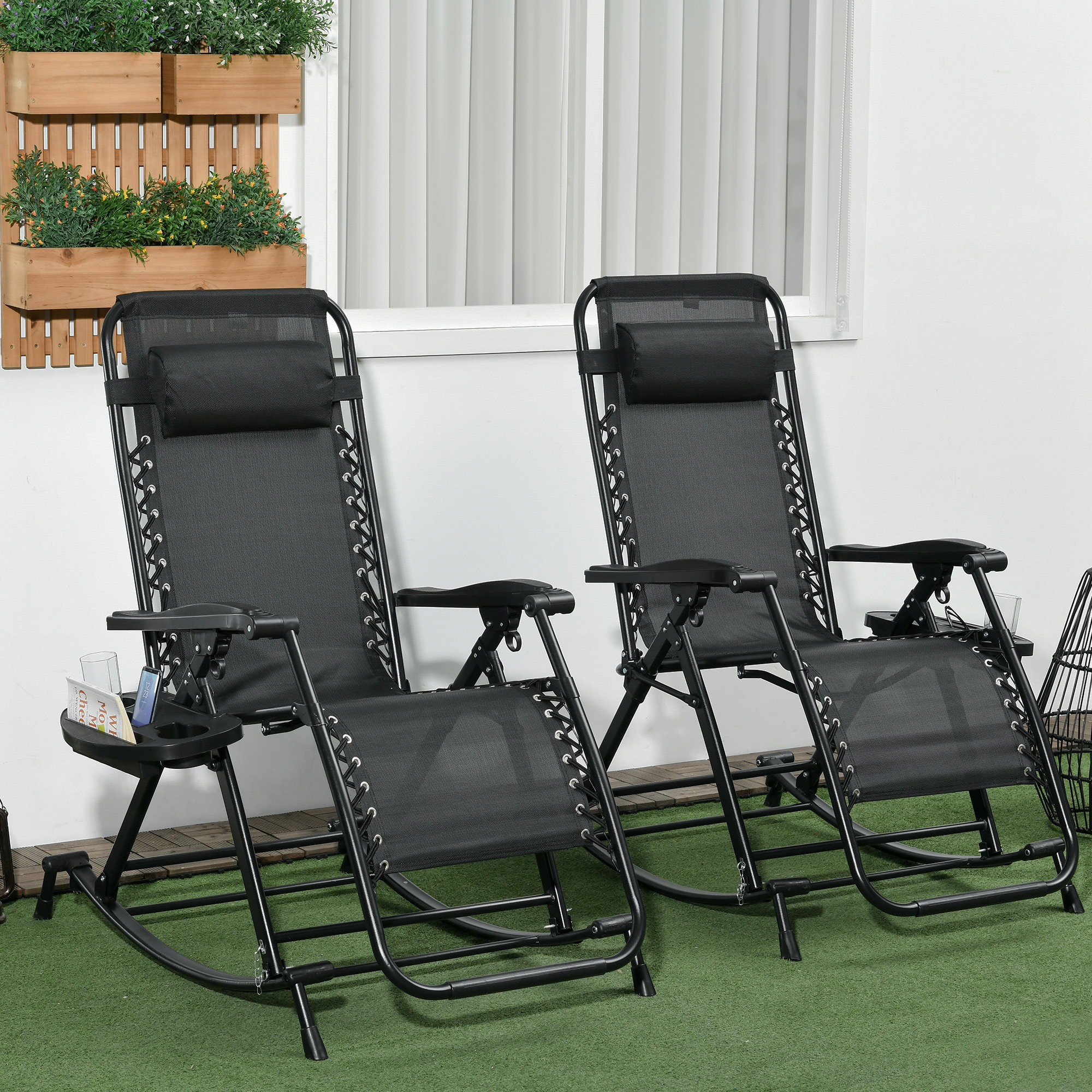  2 Outdoor Rocking Chairs Foldable Reclining Zero Gravity Lounge Rockers w/ Pillow Cup & Phone Holder, Black