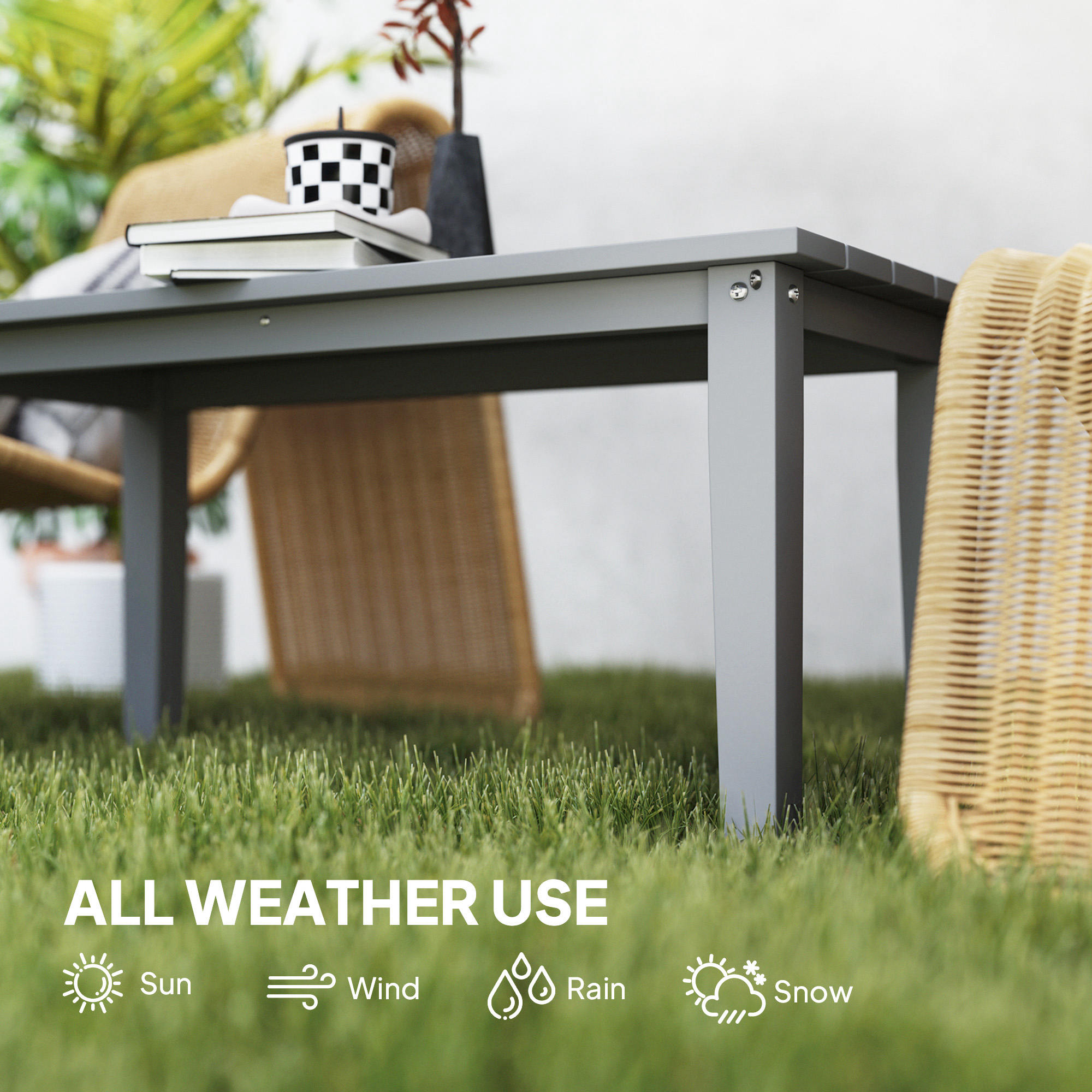 Rectangle Outdoor Coffee Table, HDPE All-Weather Outdoor Patio Table with Slatted Tabletop for Yard, Balcony, Gray