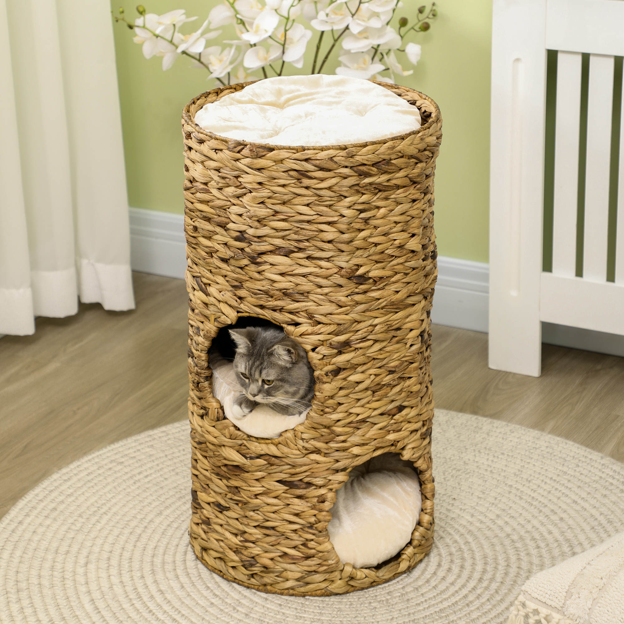  Elevated Cat Bed with Three Hideaways & Four Soft Plush Cushions, Cat Tower with Hand-Woven Materials, Multi-Layer Raised Kitten Bed Caves