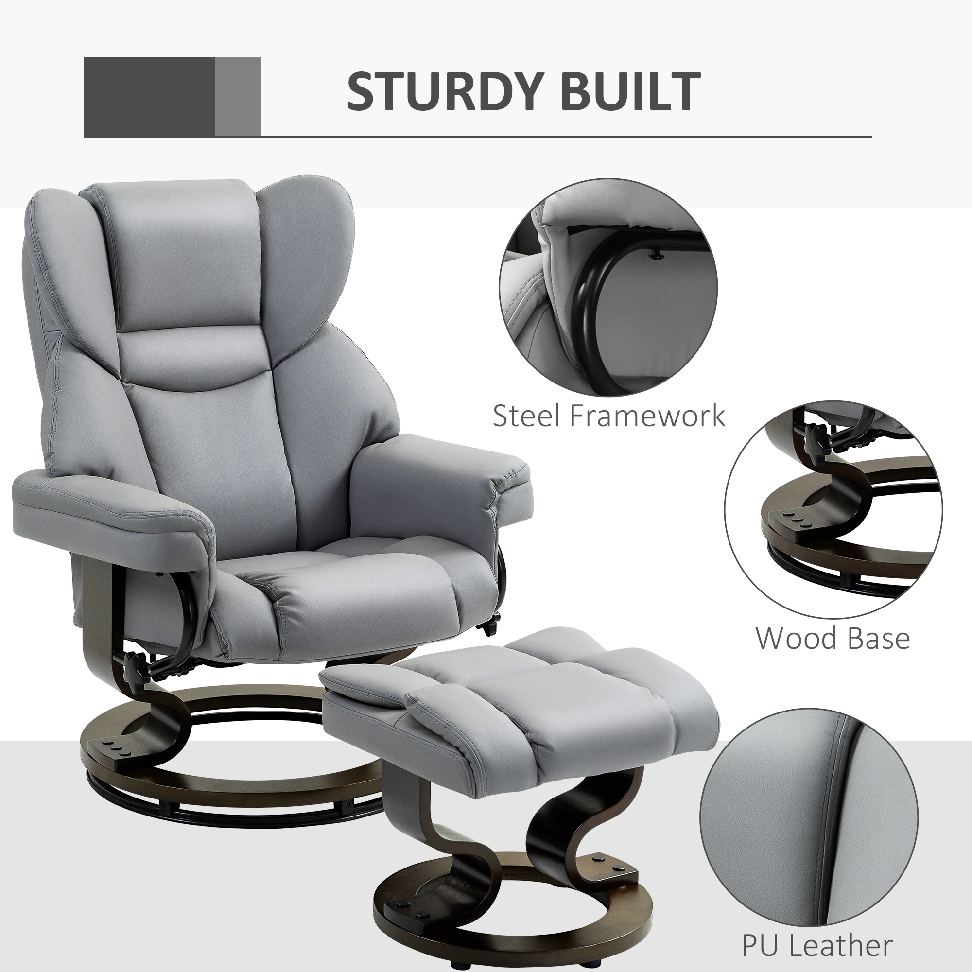 360Swivel Recliner Chair With Footstool, PU Leather Manual Armchair Solid Wood — image 4