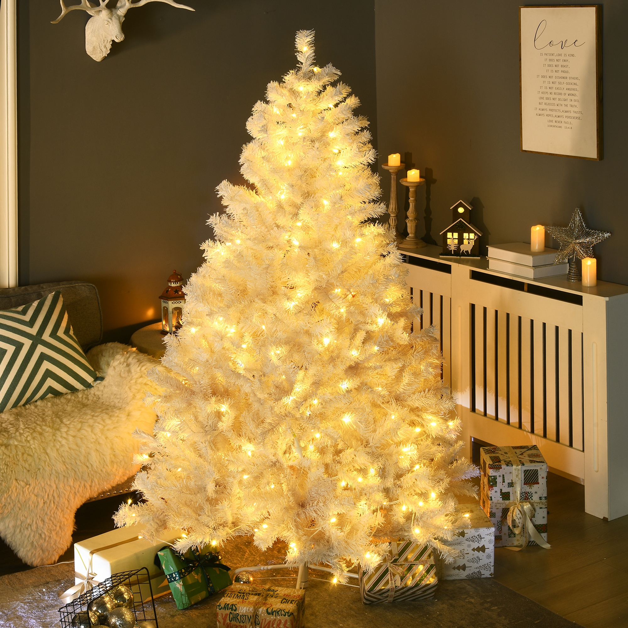  6' Prelit Artificial White Christmas Trees Home Decor, with Warm White LED Lights, Auto Open, Steel Base