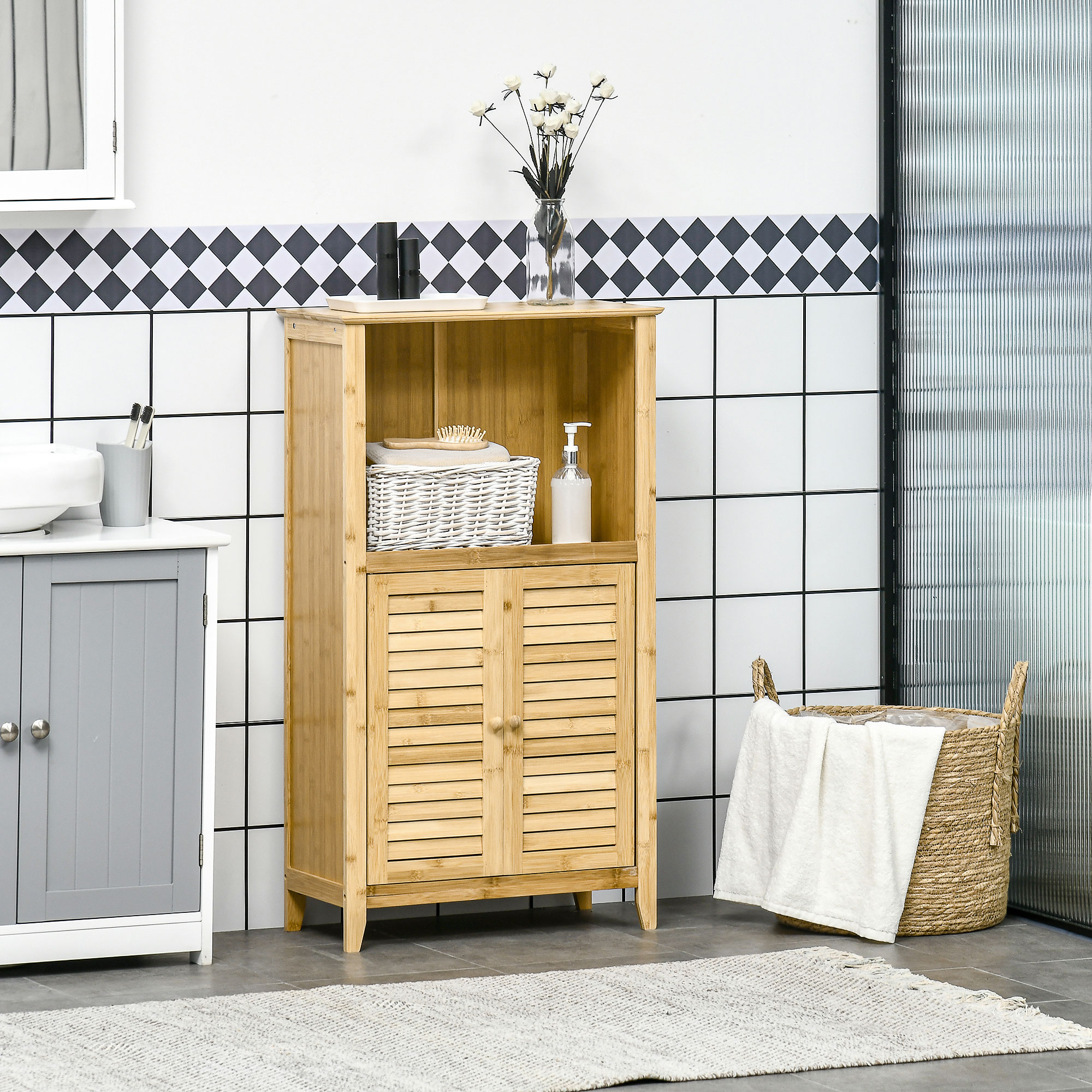  Bamboo Floor Cabinet Bathroom Floor Cabinet Living Room Organizer Tower with Multiple Shelves and Doors, Natural