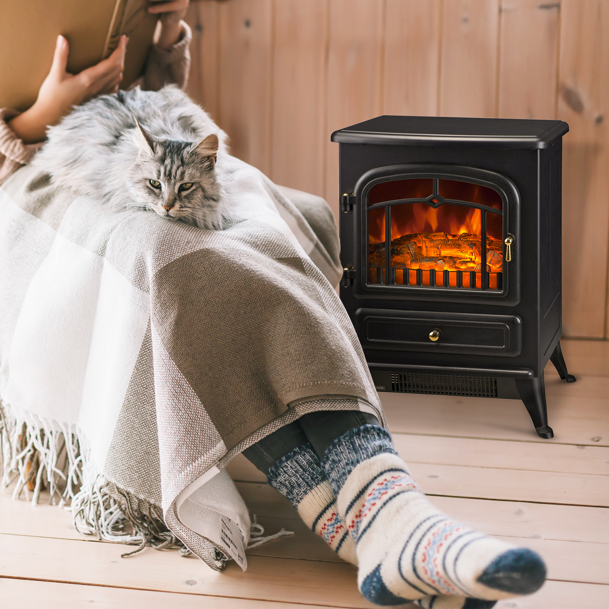  Fireplace Stove, Electric Fireplace Heater with Realistic LED Flames and Logs, 725W/1450W, Black