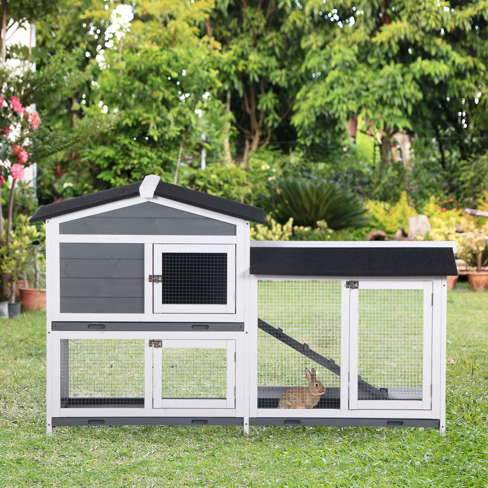  2-tier Indoor Rabbit Enclosure, Wood Hutch Backyard Small Animal House Ramp Outdoor Run Enclosed
