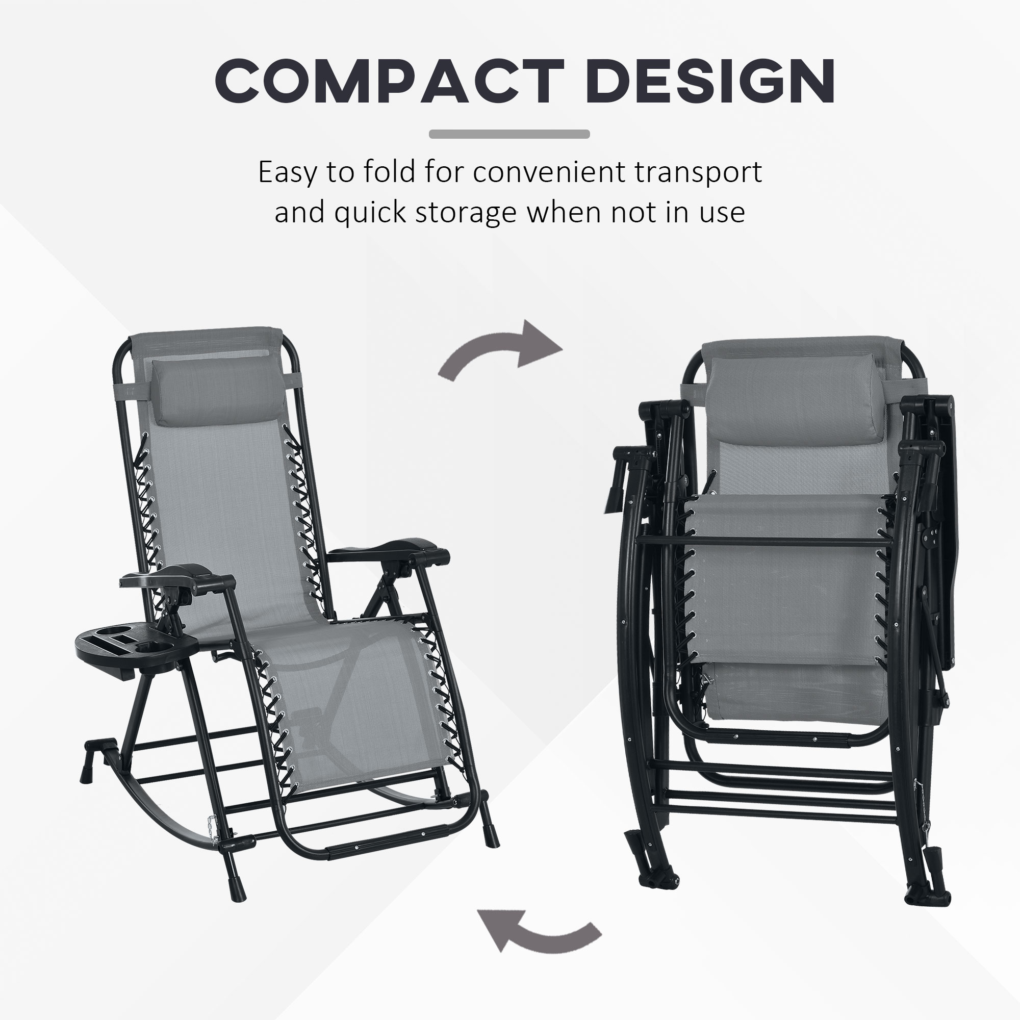  2 Outdoor Rocking Chairs Foldable Reclining Zero Gravity Lounge Rockers w/ Pillow Cup & Phone Holder, Gray