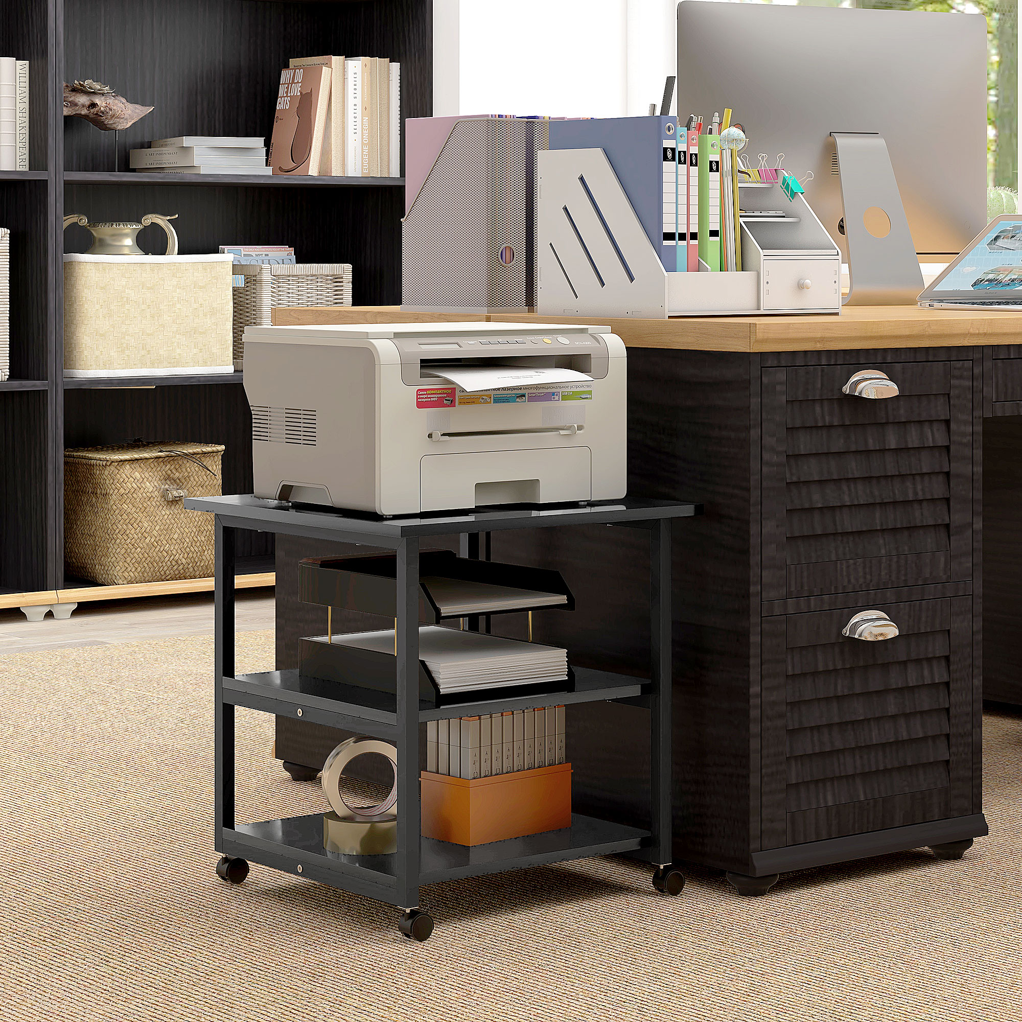 Three-Tier Steel Printer Stand, With Wheels - Black — image 2