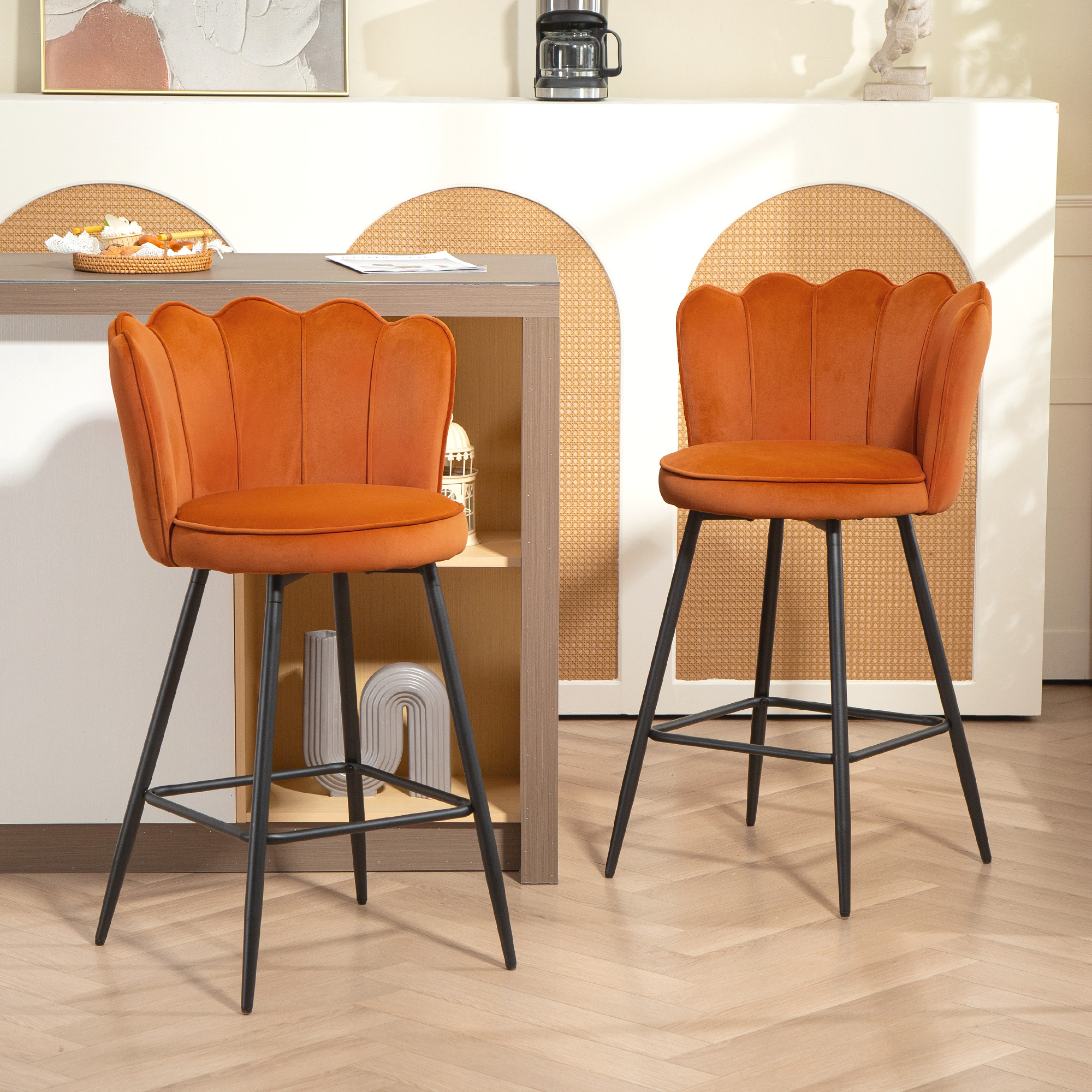 Set Of Two Velvet-Feel Lotus Bar Stools - Orange