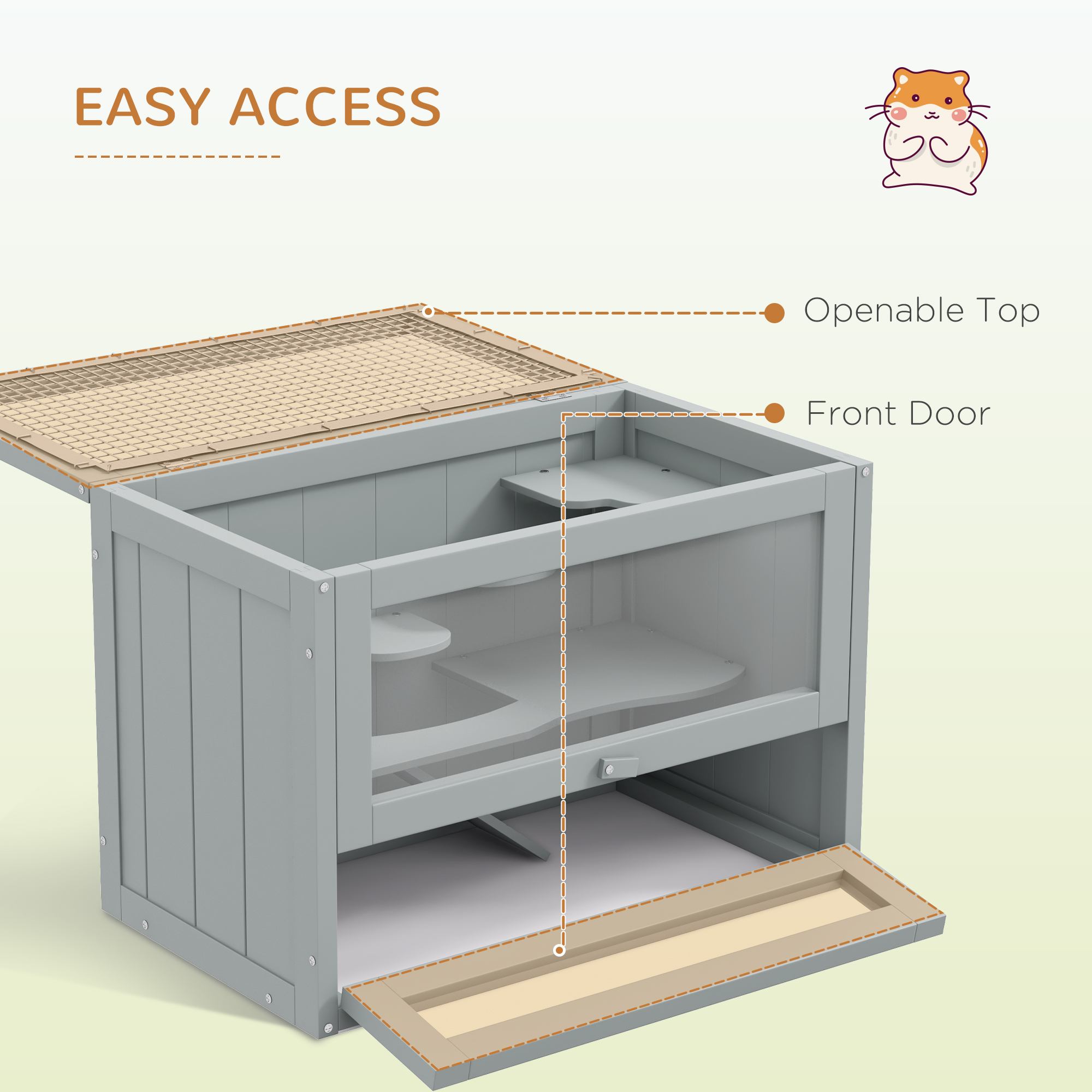 PawHut Wooden Hamster Cage Mouse Mice Rodent Small Animals Hutch Exercise Play House 60 X 35 X 42cm, Grey 3