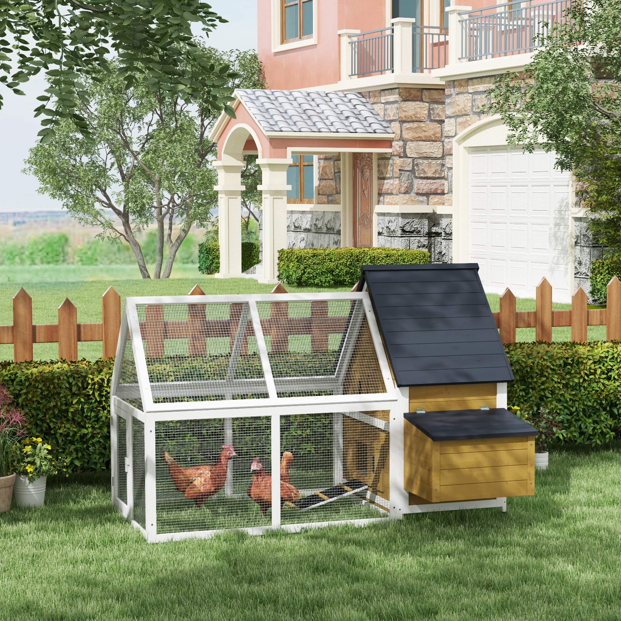 บ้านไก่ไม้ 65" สำหรับสัตว์เลี้ยง มีรังไข่ รางเดิน และพื้นที่วิ่ง เหมาะสำหรับเลี้ยงไก่และกระต่ายในสวนหลังบ้าน สีเหลือง